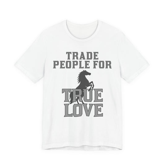White t-shirt with black text and horse graphic on a white background