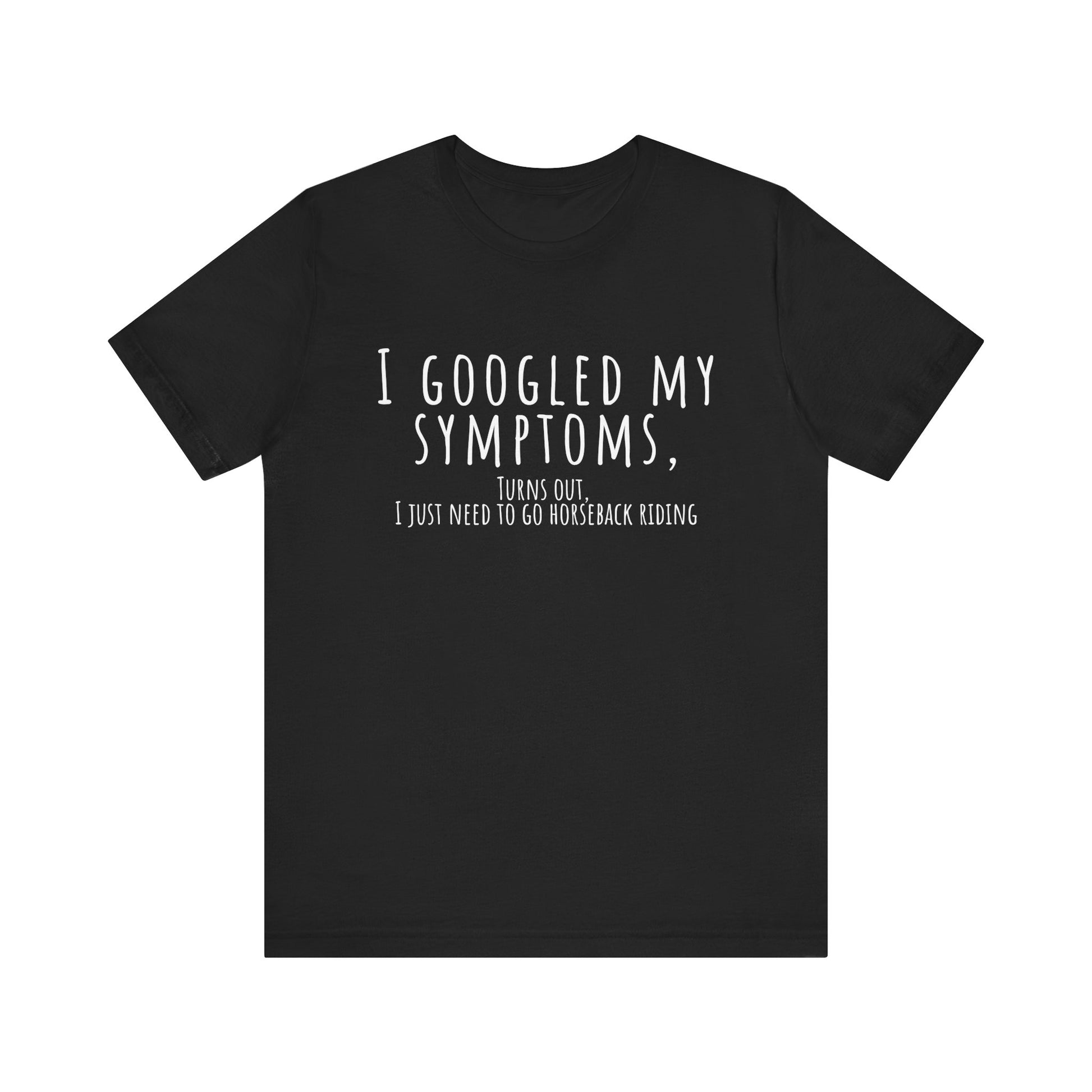 Black t-shirt with humorous text on a white background