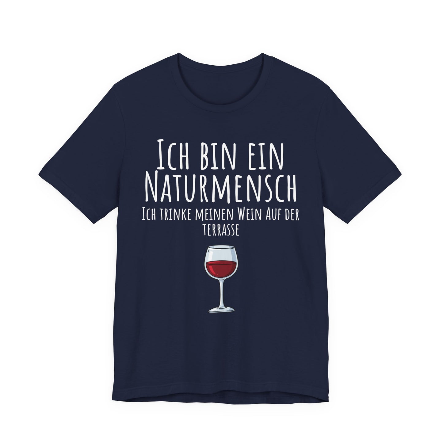 Navy blue t-shirt with a geometric design on a white background