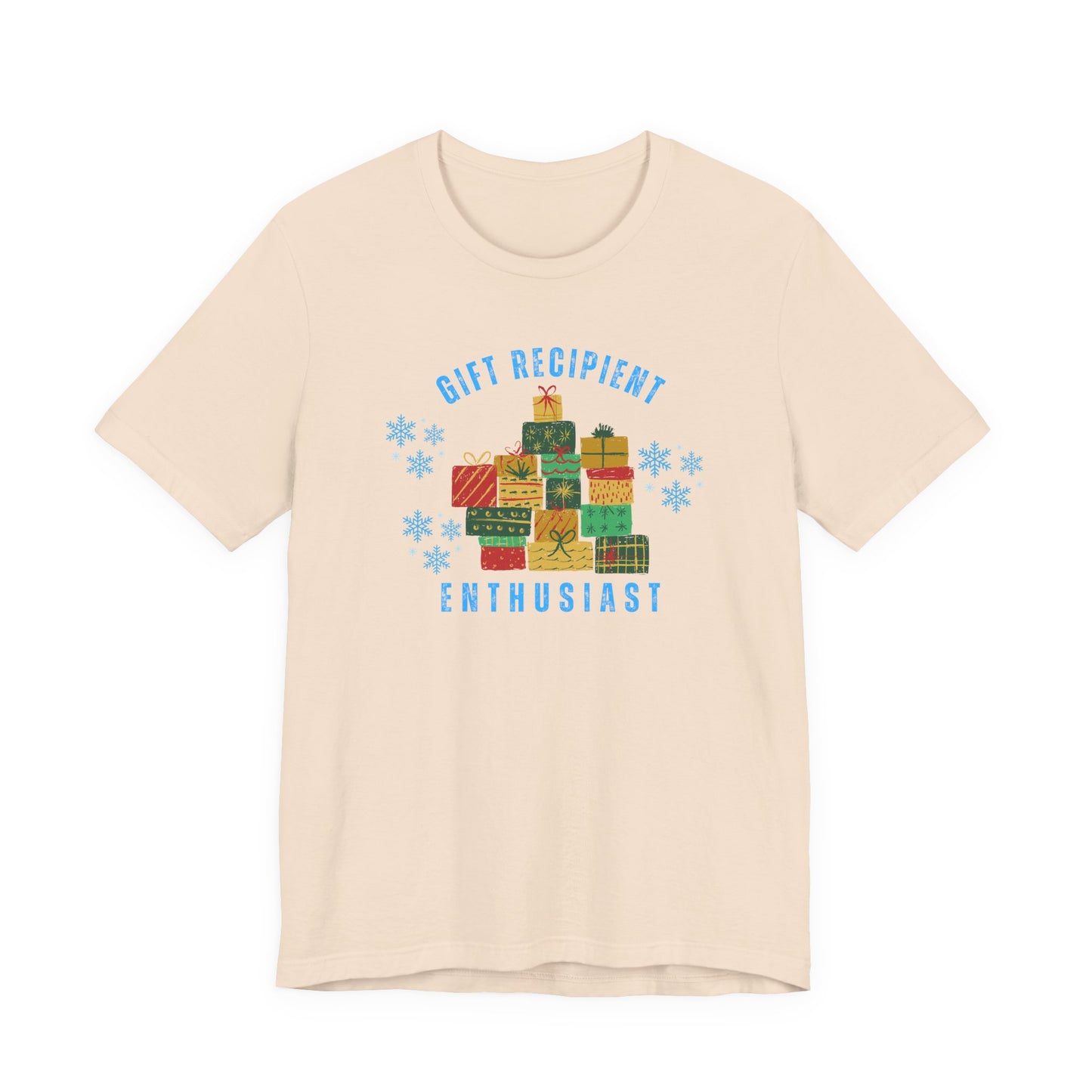 Beige t-shirt with colorful gift graphic and text on a white background