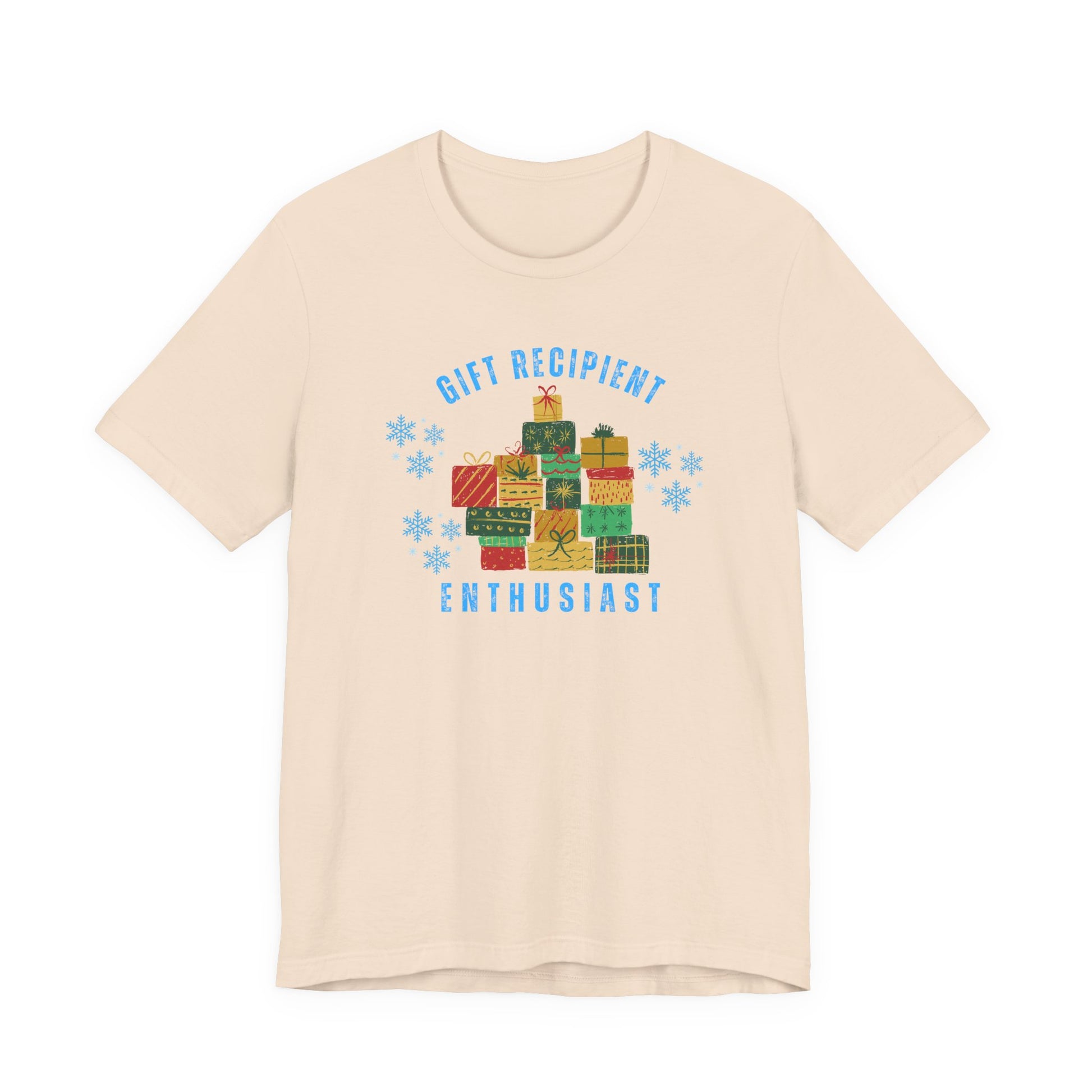 Beige t-shirt with colorful gift graphic and text on a white background