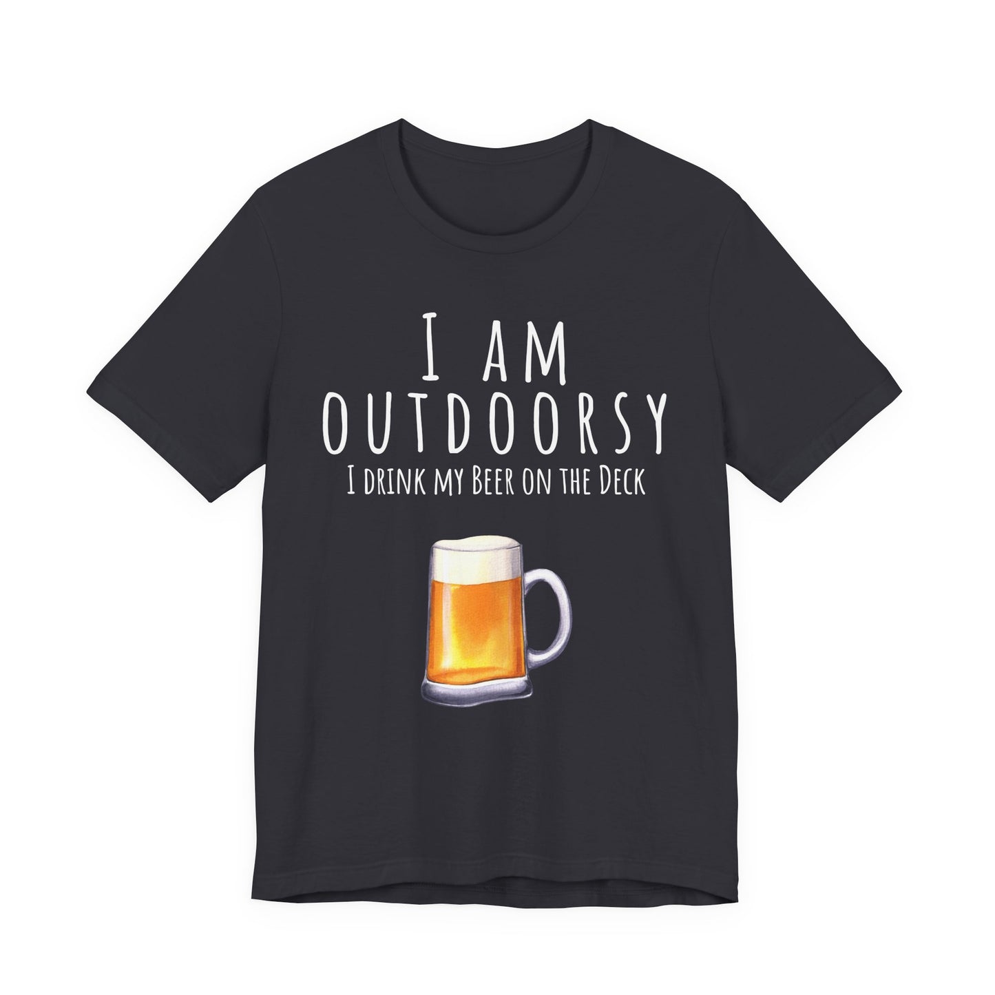 Black t-shirt with a graphic of a beer mug and text on a white background
