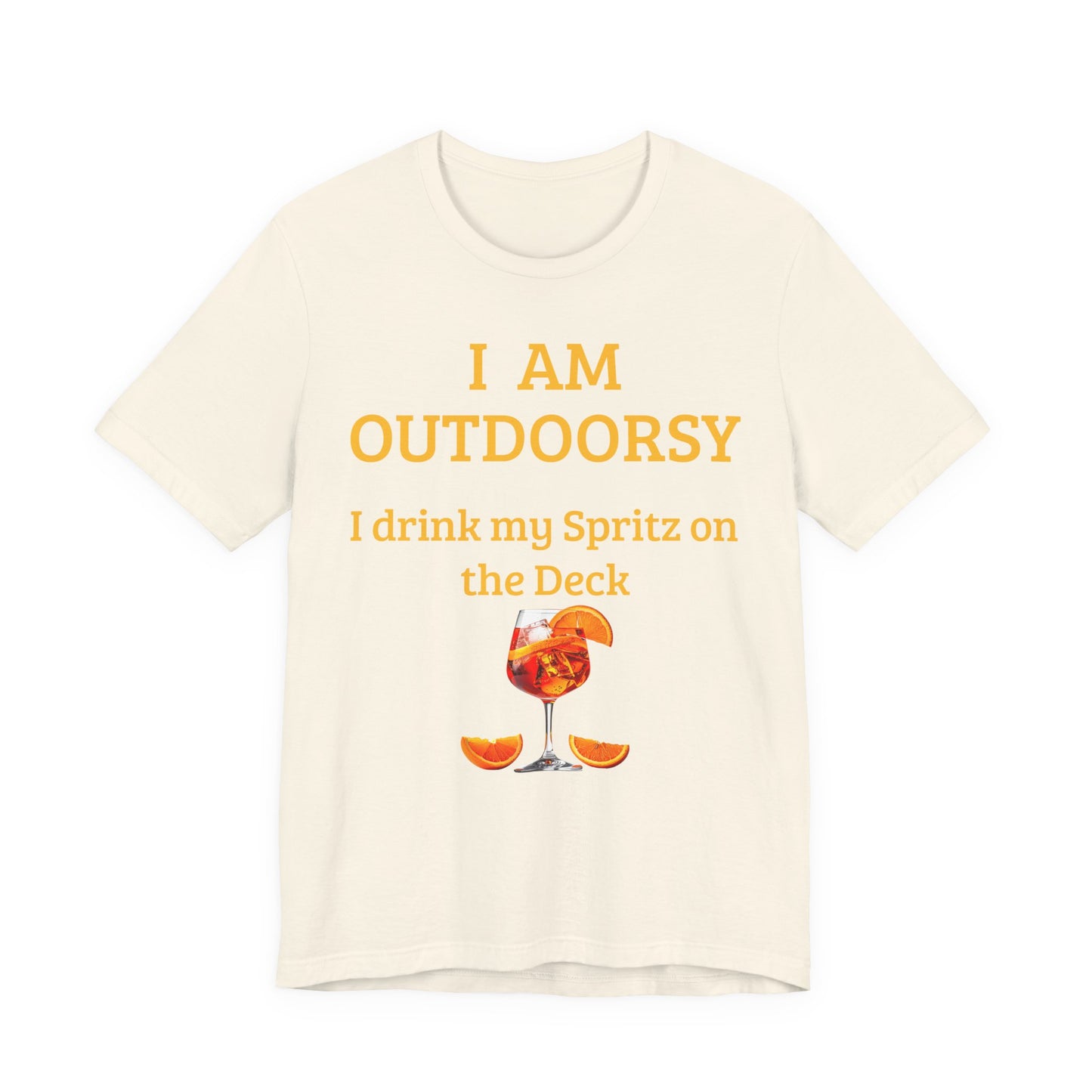 Funny Spritz Shirt Beige t-shirt with yellow text and a Spritz cocktail graphic on a white background
