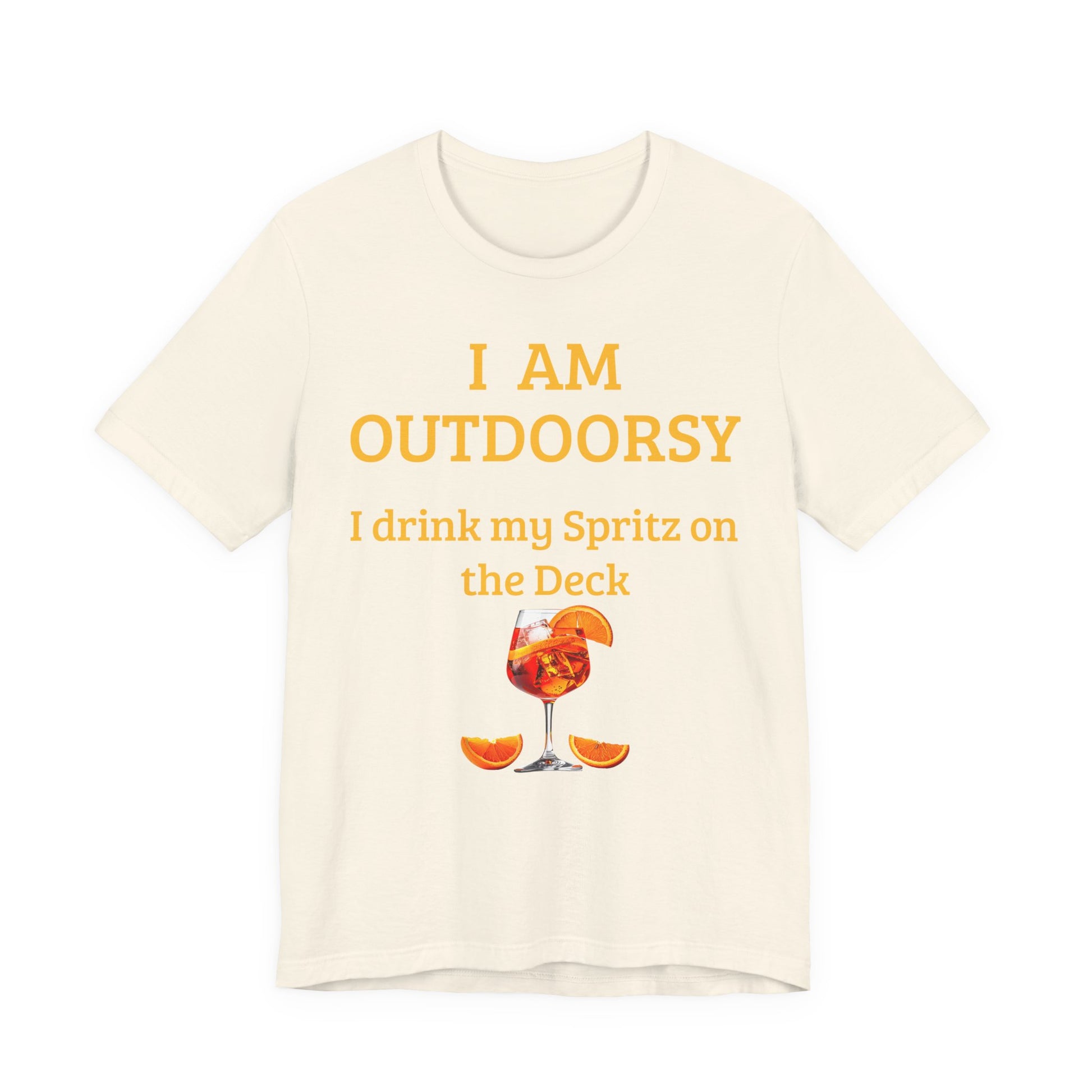 Funny Spritz Shirt Beige t-shirt with yellow text and a Spritz cocktail graphic on a white background