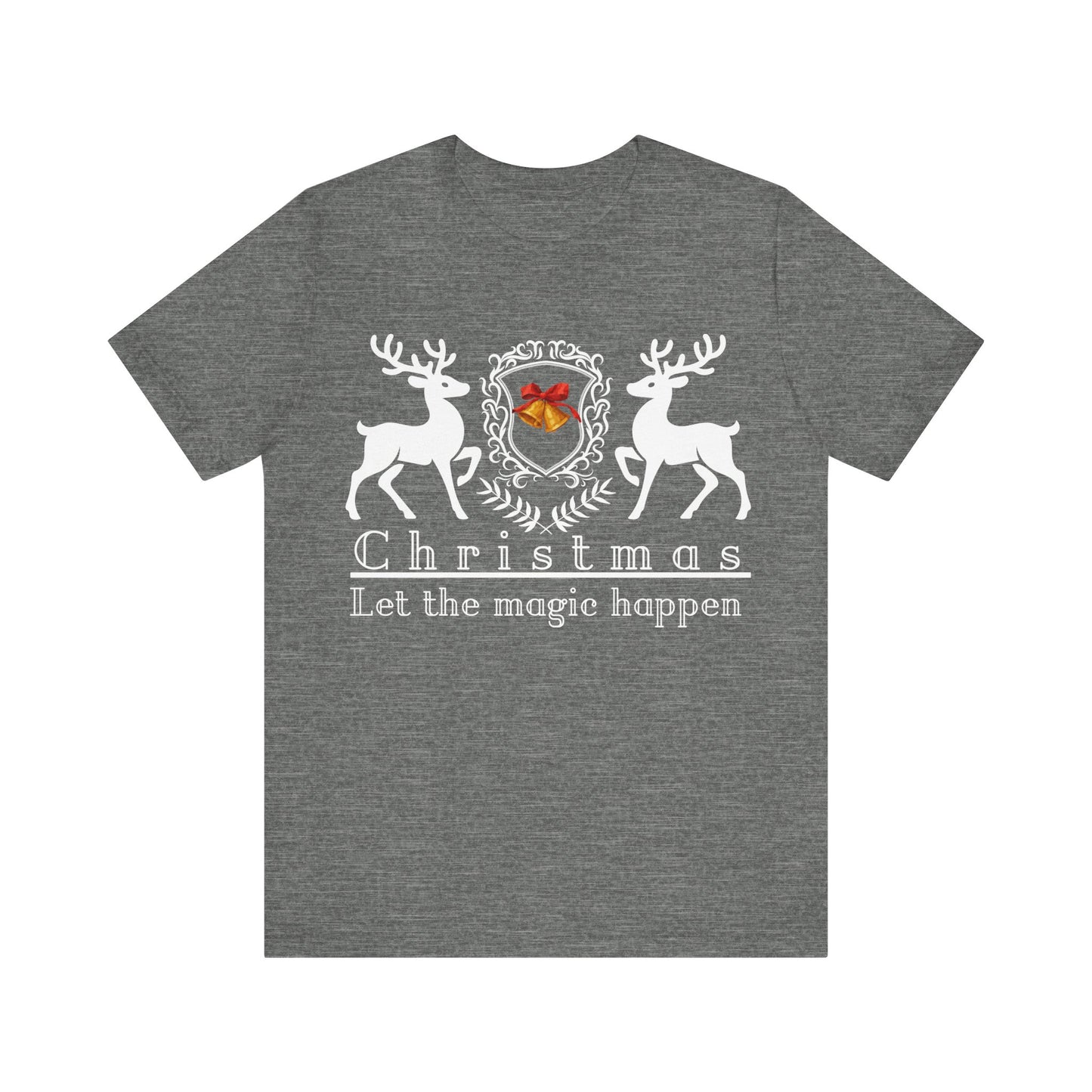 Gray t-shirt with Christmas design featuring deer and a bell on a white background