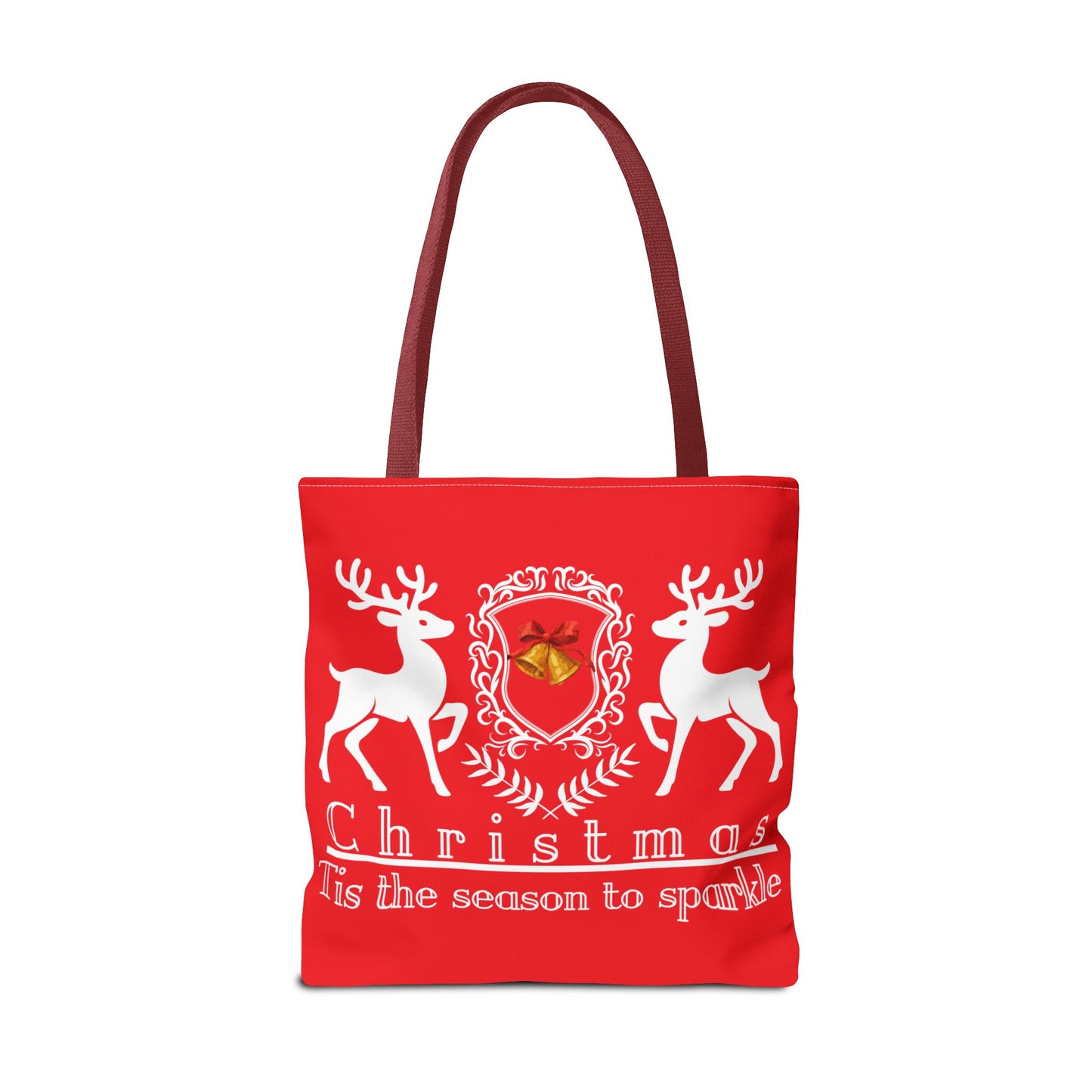 Red tote bag with reindeer design and Christmas text on a white background