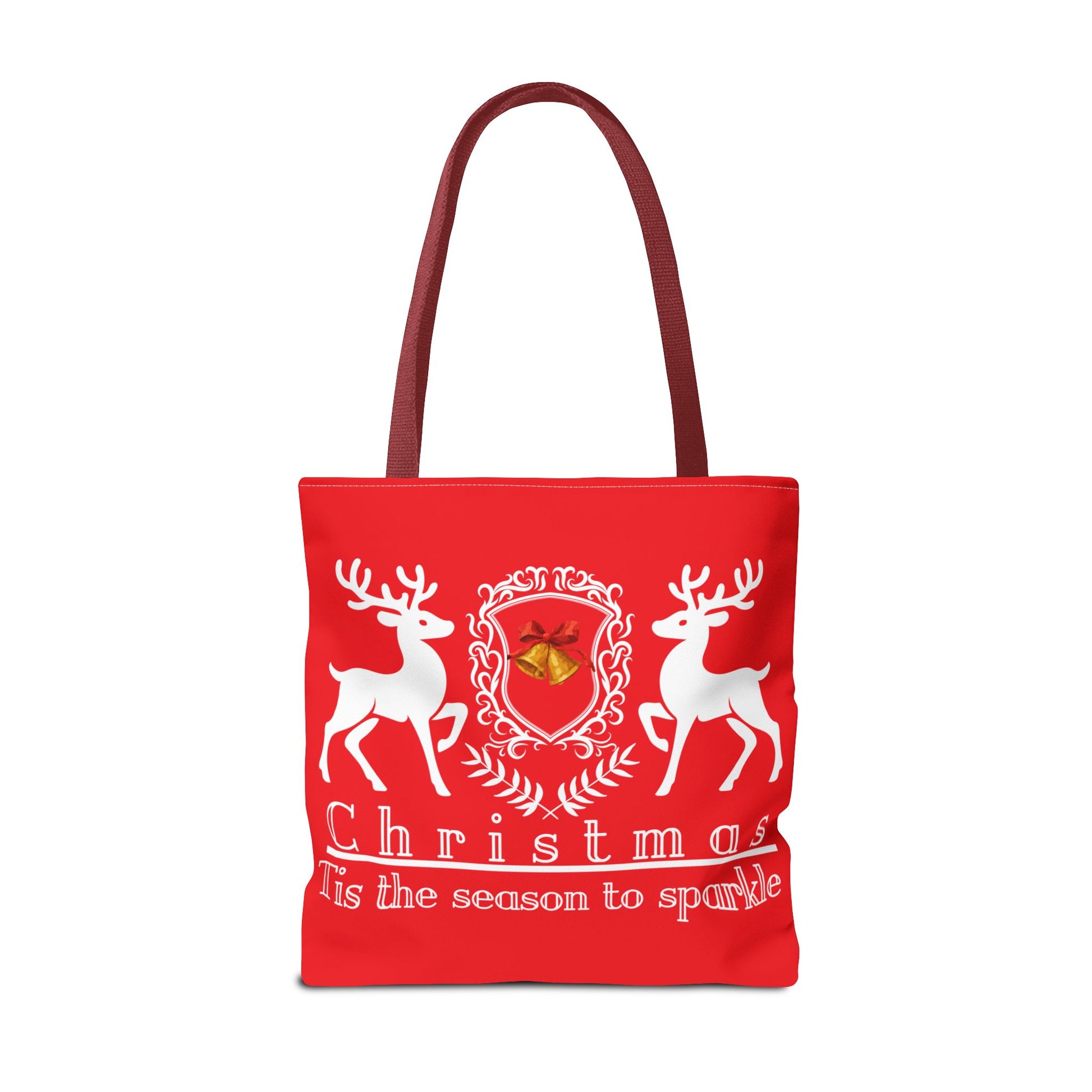 Red tote bag with reindeer design and Christmas text on a white background