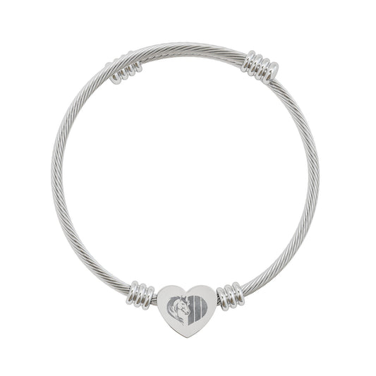 Silver bracelet with a heart-shaped charm on a white background
