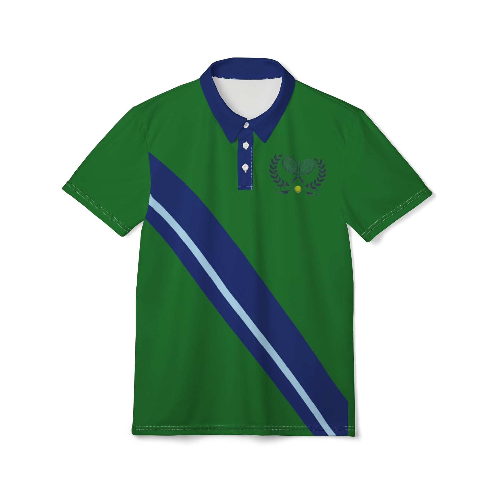 Green polo shirt with blue collar and diagonal stripe on a white background