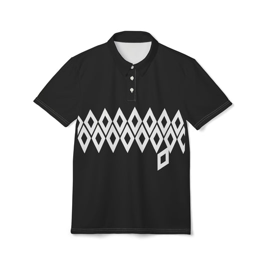 Black polo shirt with white geometric pattern on a white background