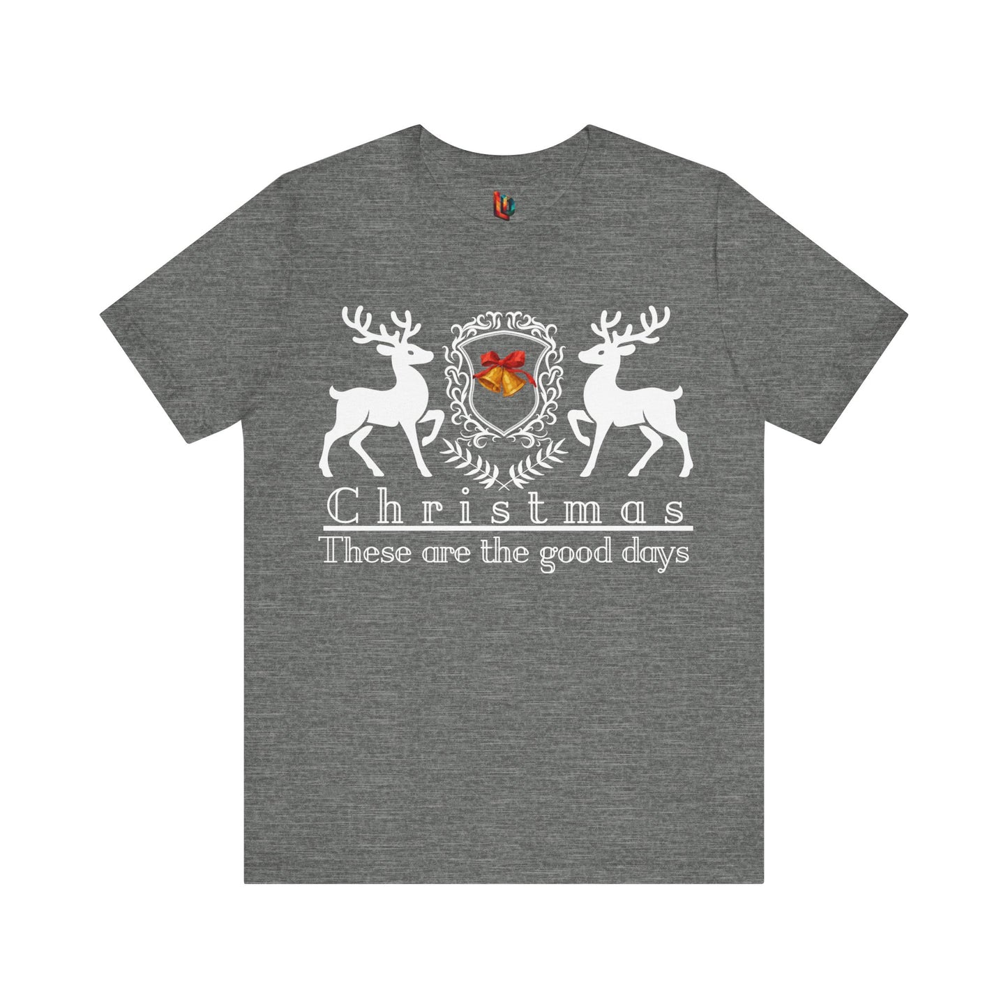 Gray t-shirt with Christmas design featuring deer and text on a white background