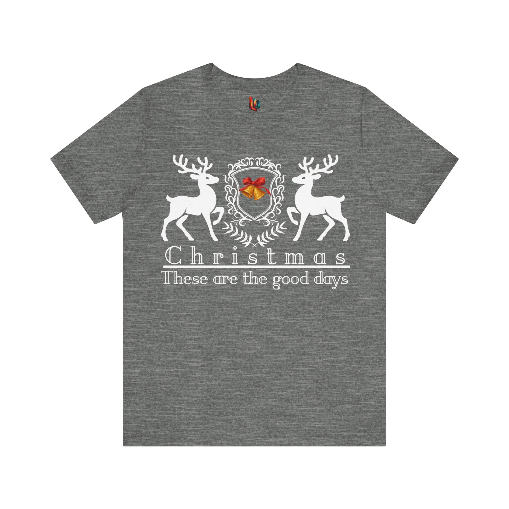 Gray t-shirt with Christmas design featuring deer and text on a white background