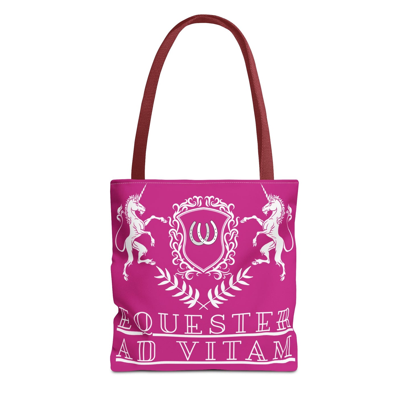 Pink tote bag with white emblem and text on a white background