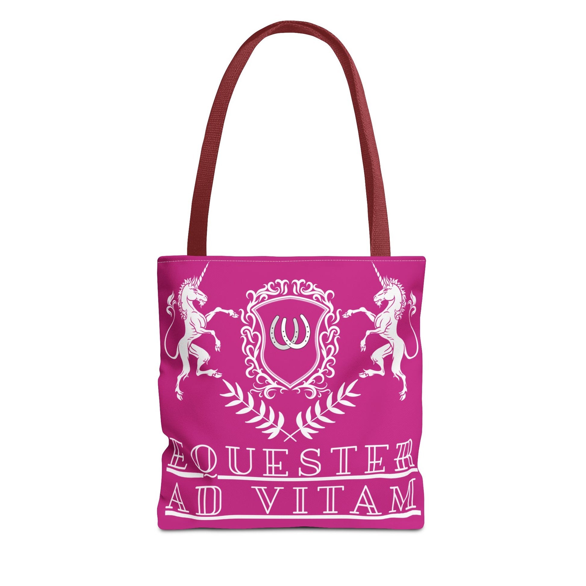 Pink tote bag with white emblem and text on a white background