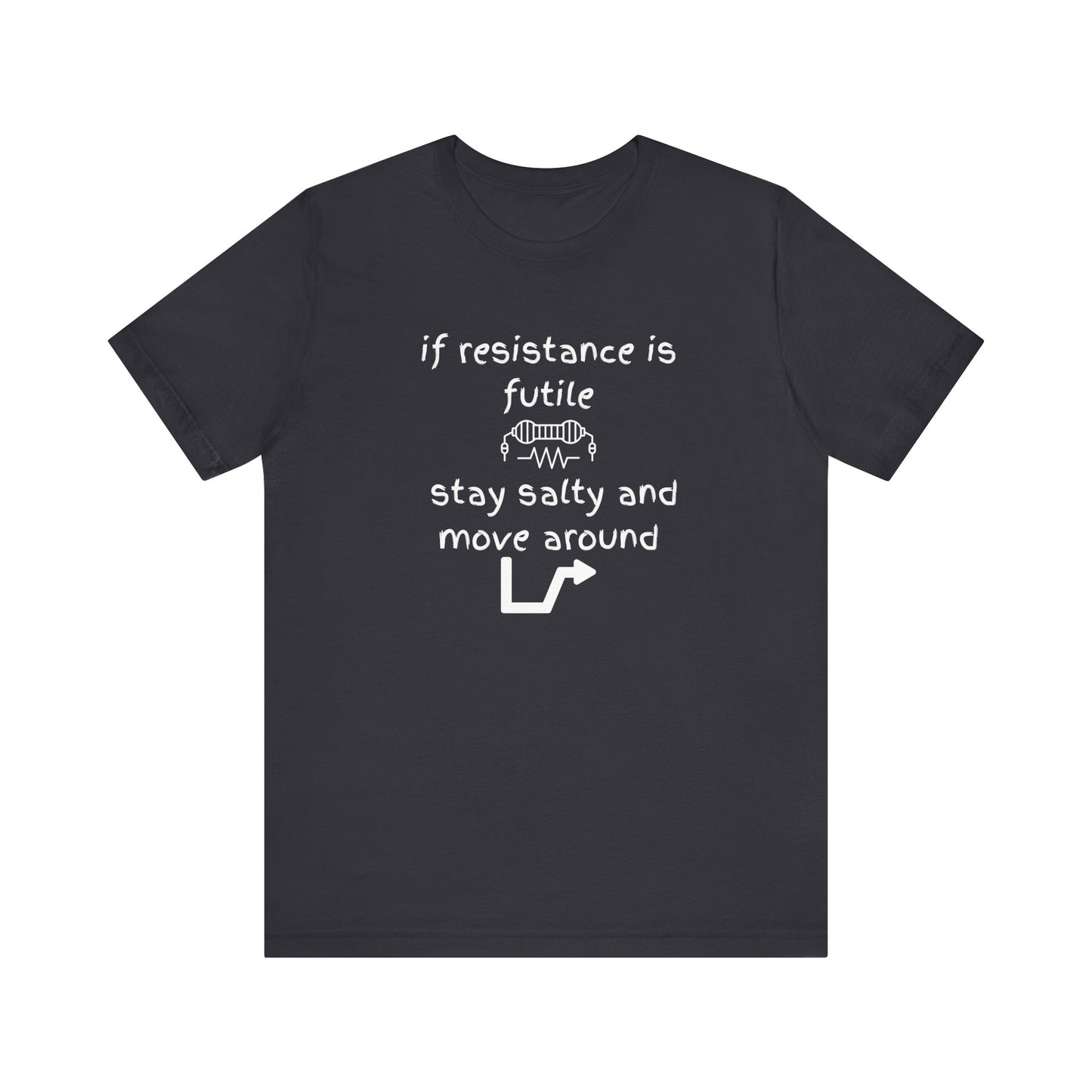 Black t-shirt with white text and graphics on a white background