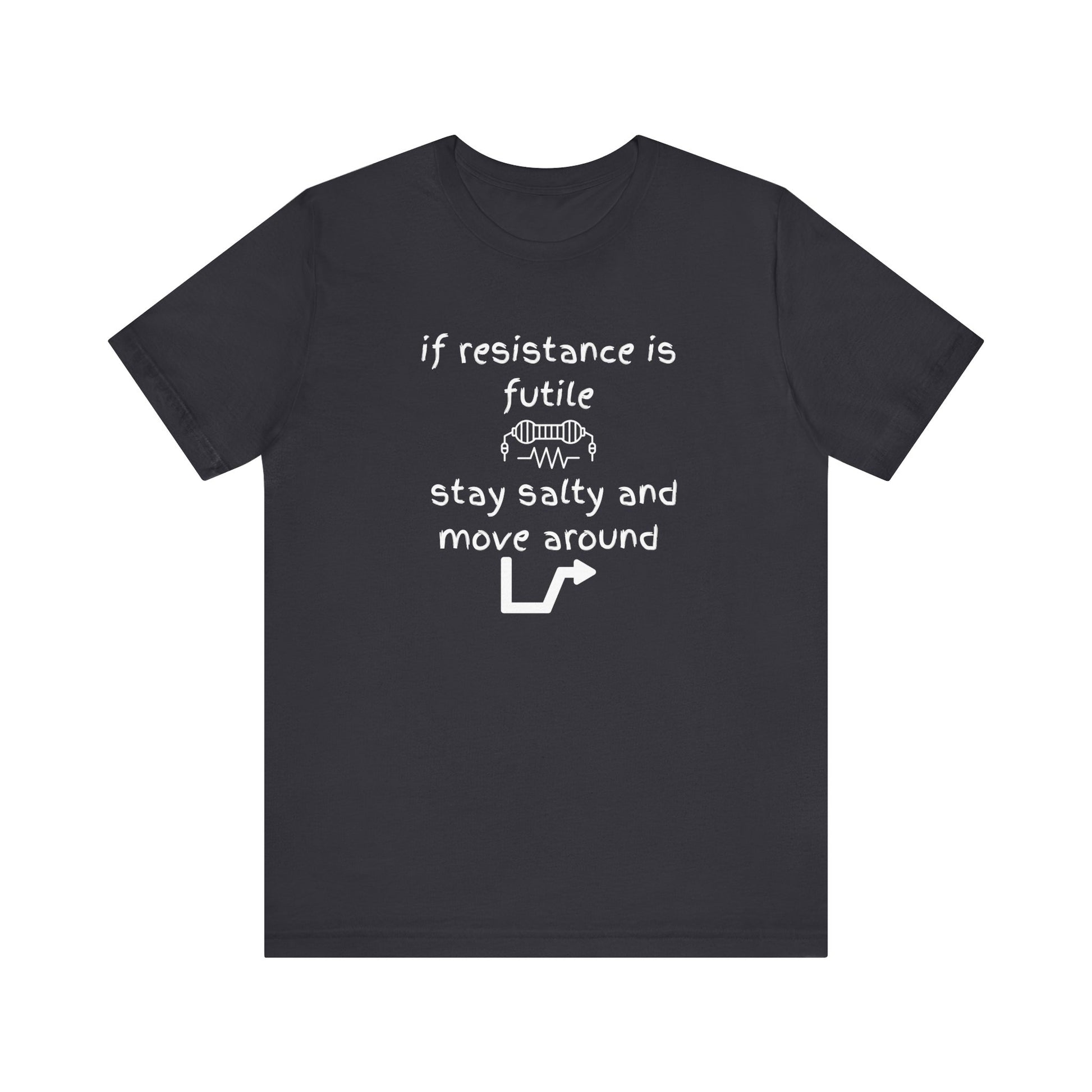 Black t-shirt with white text and graphics on a white background