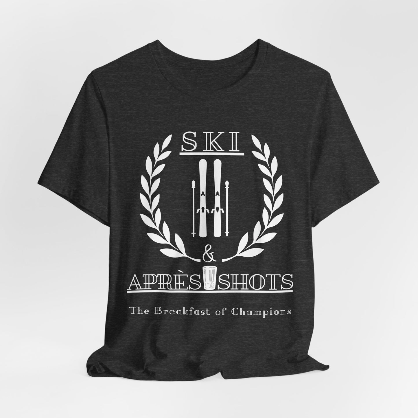 Black t-shirt with white graphic design and text on a light gray background
