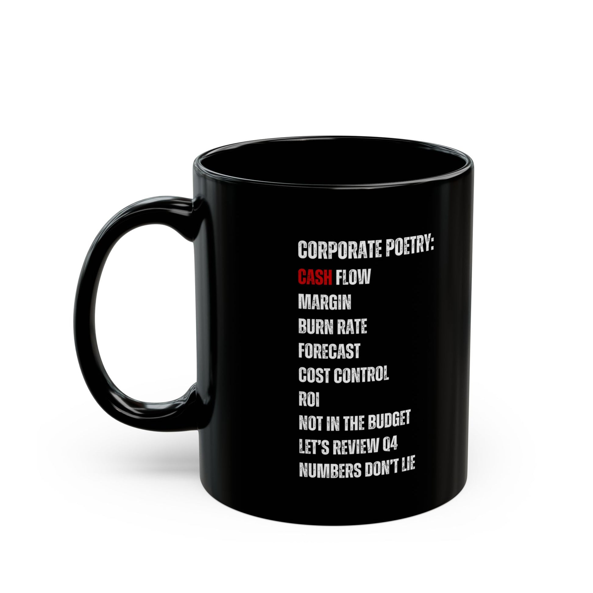 Black mug with white text on a white background
