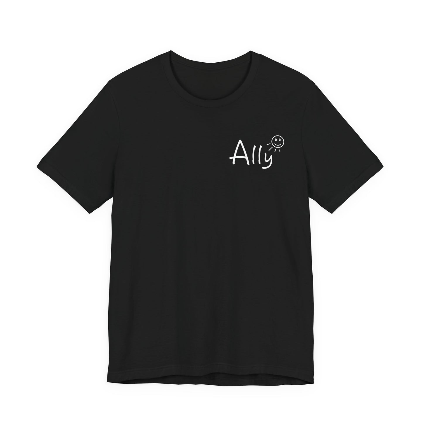 Ally music band Shirt Black t-shirt with a small white graphic on the chest against a white background