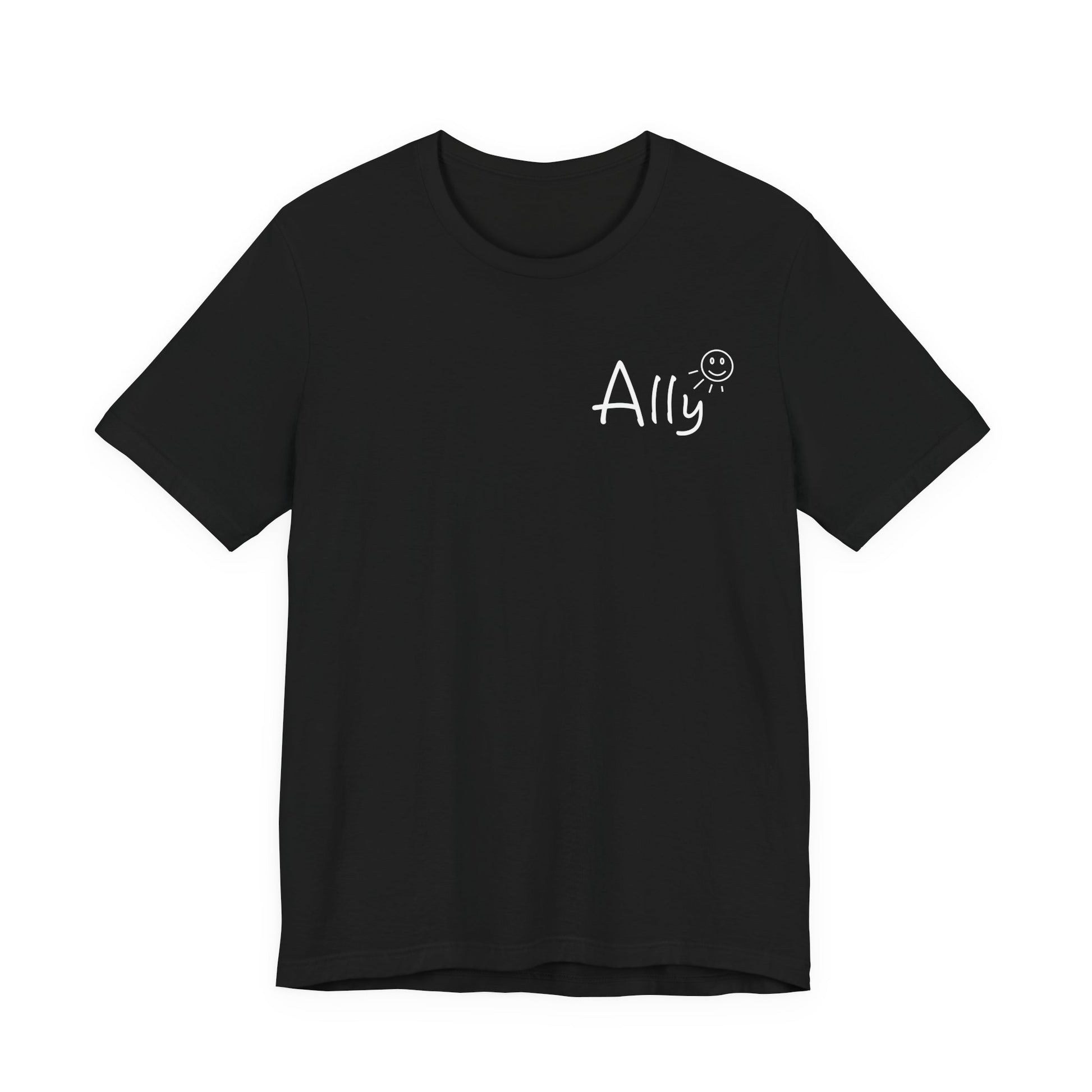 Ally music band Shirt Black t-shirt with a small white graphic on the chest against a white background