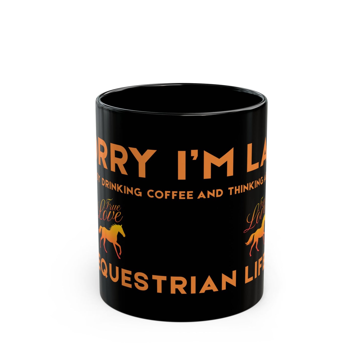 Black mug with orange text and horse illustrations on a white background