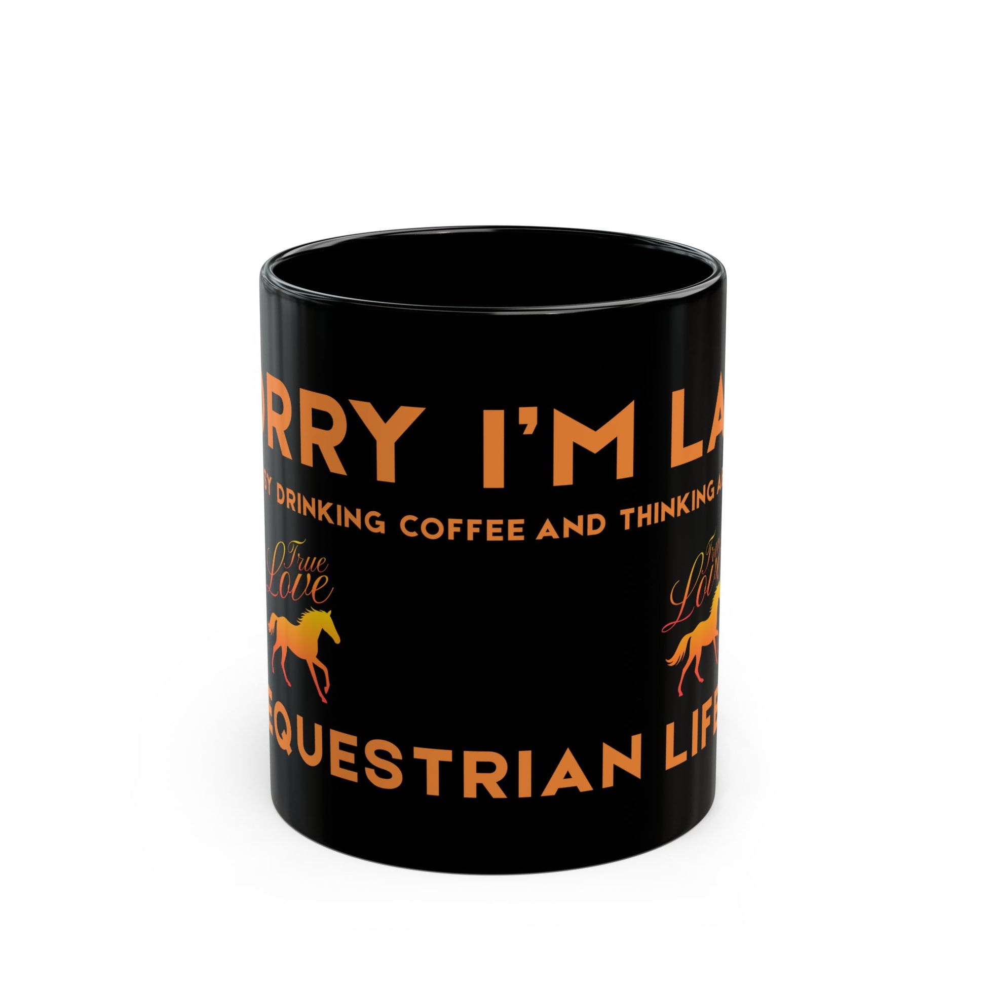 Black mug with orange text and horse illustrations on a white background