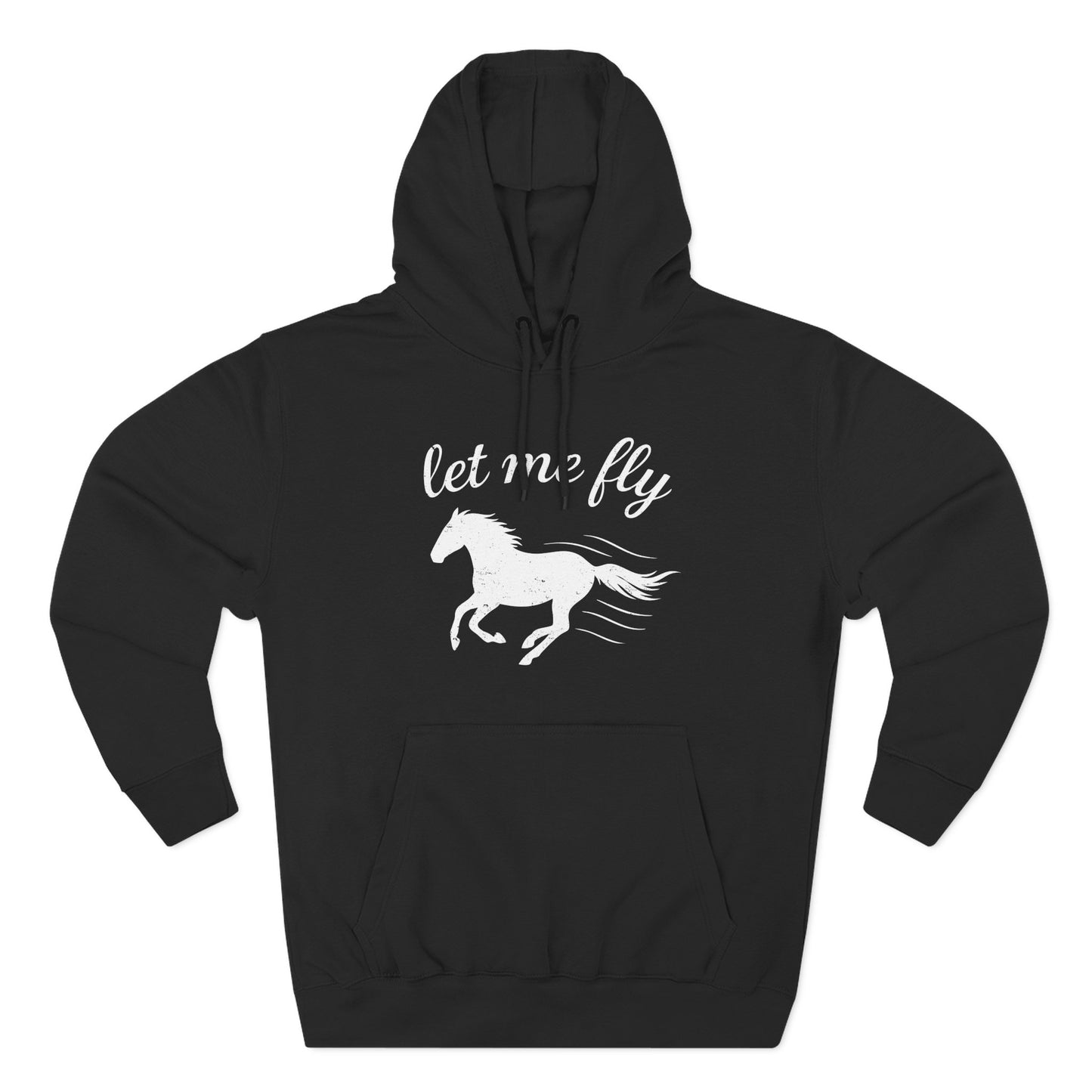 Black hoodie with a white horse graphic and 'let me fly' text on a white background
