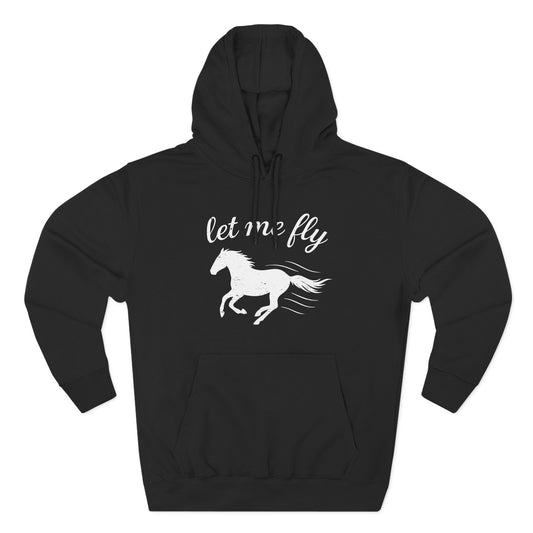 Black hoodie with a white horse graphic and 'let me fly' text on a white background