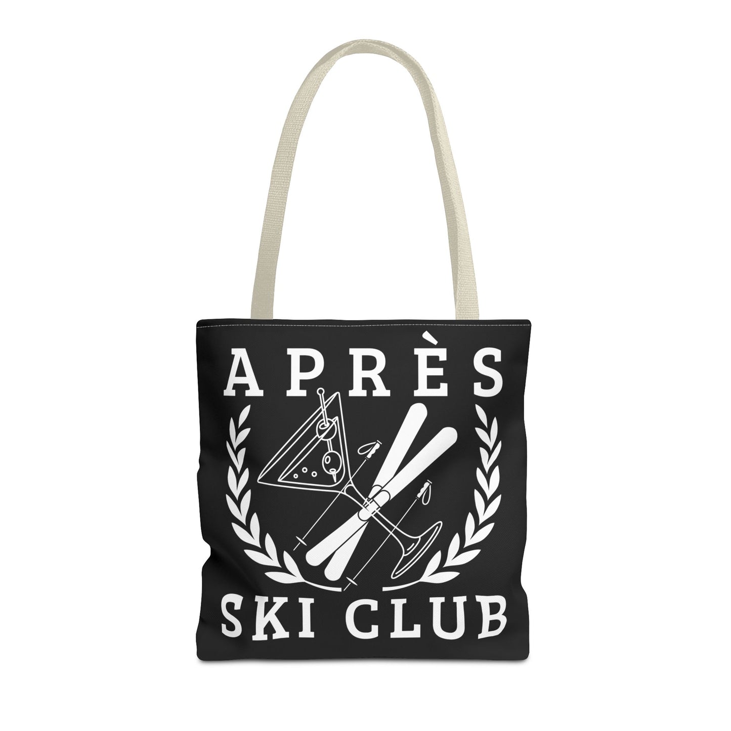 ski tote bag Black tote bag with 'Ap
s Ski Club' design featuring skis and a triangle on a white background