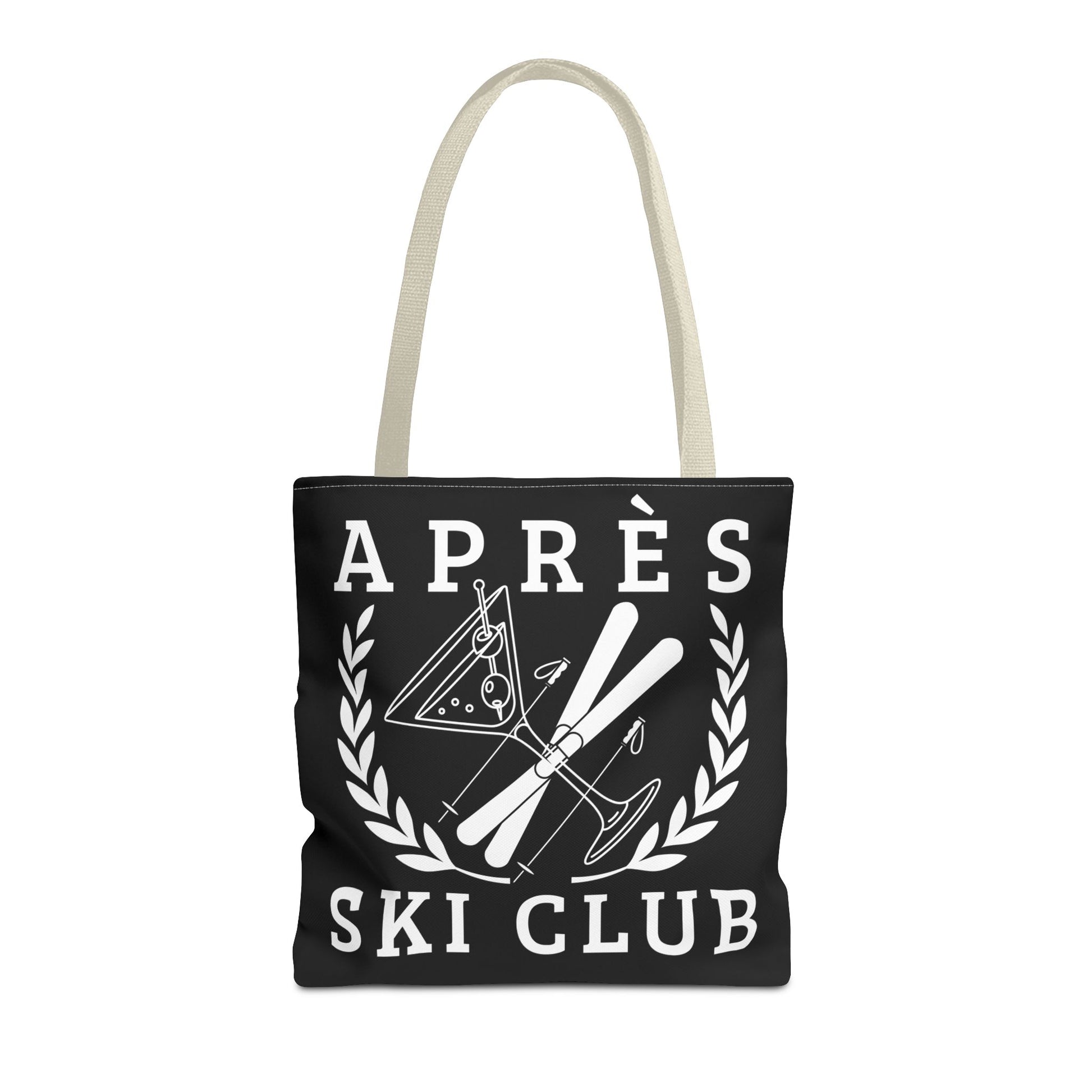 ski tote bag Black tote bag with 'Ap
s Ski Club' design featuring skis and a triangle on a white background