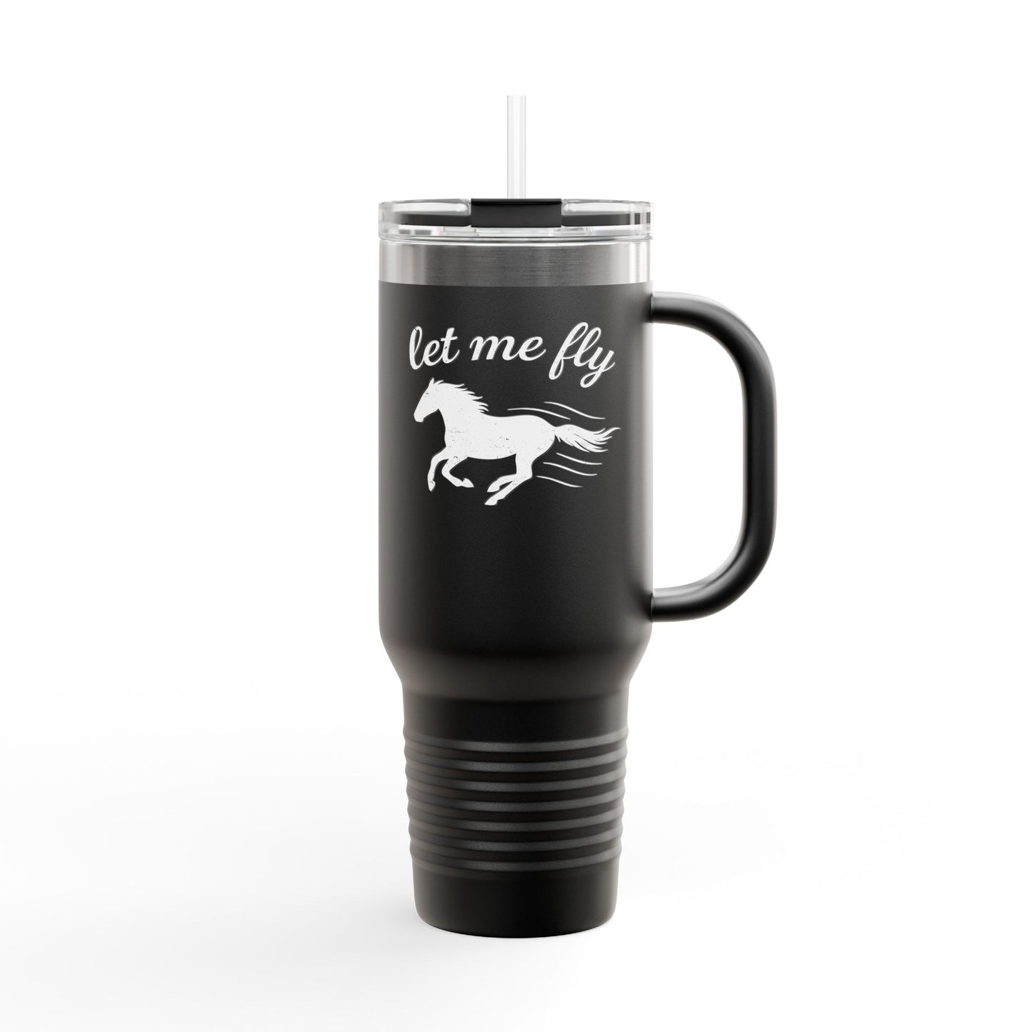 Black travel mug with a horse design and 'let me fly' text on a white background