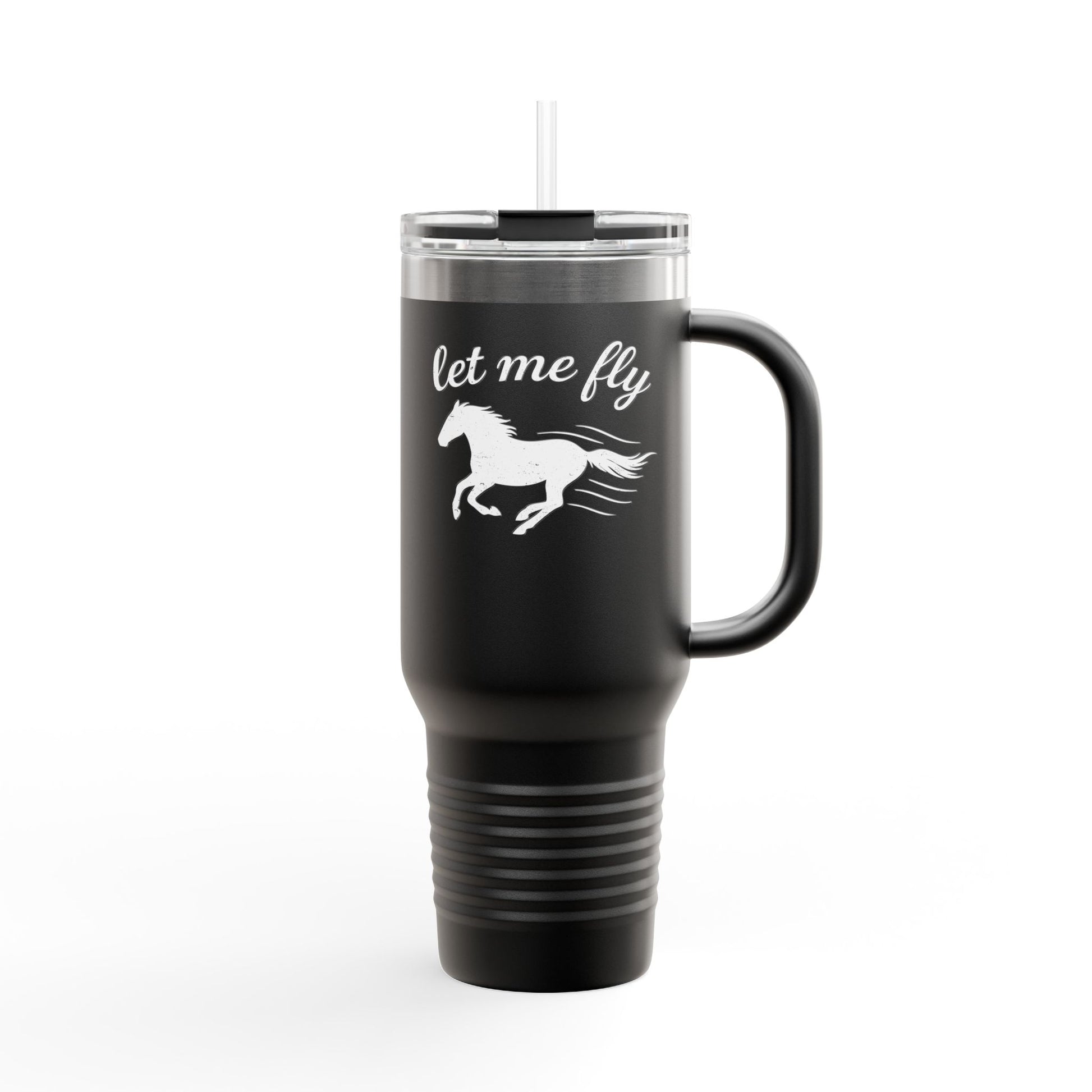 Black travel mug with a horse design and 'let me fly' text on a white background