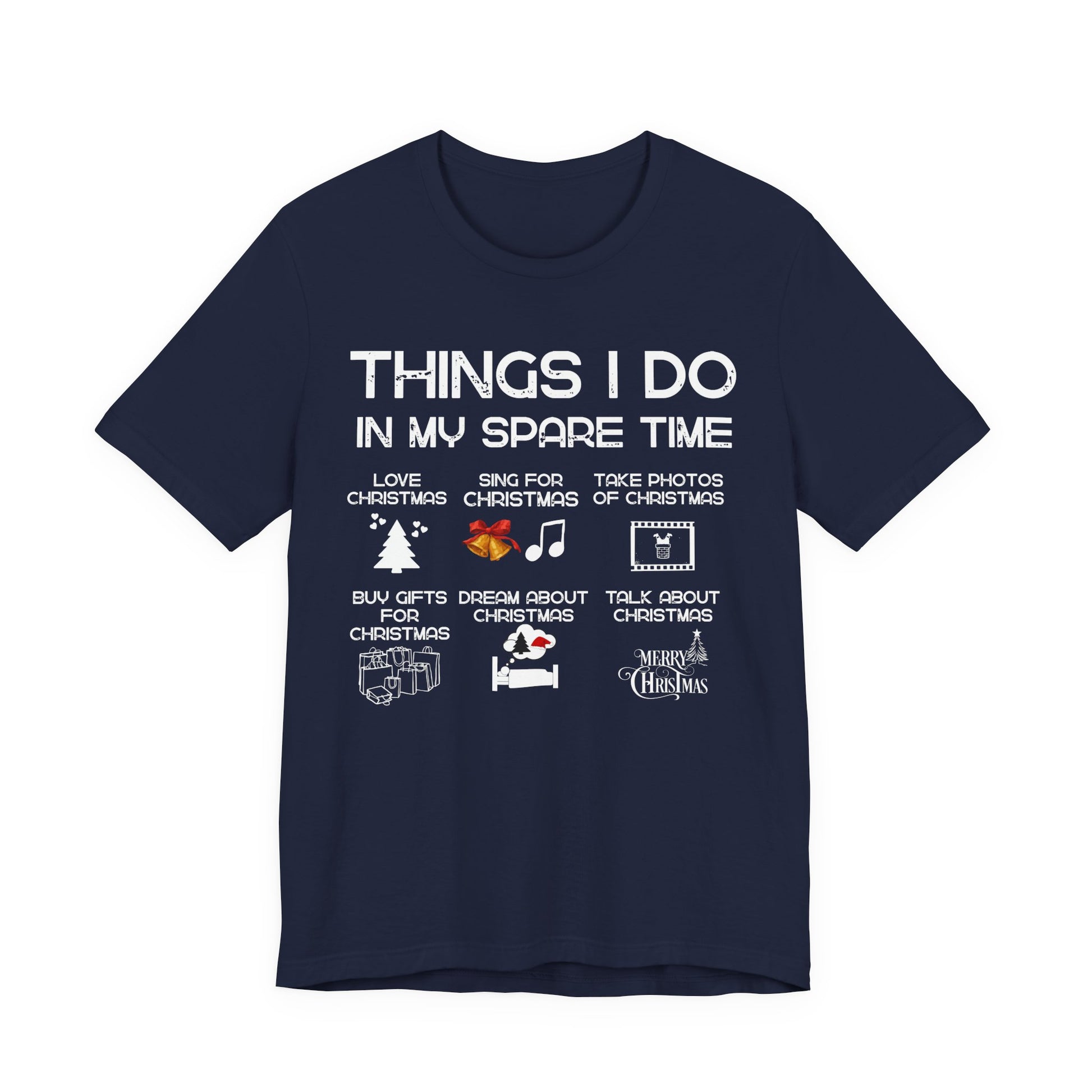 Navy blue t-shirt with white text and Christmas-themed graphics on a white background