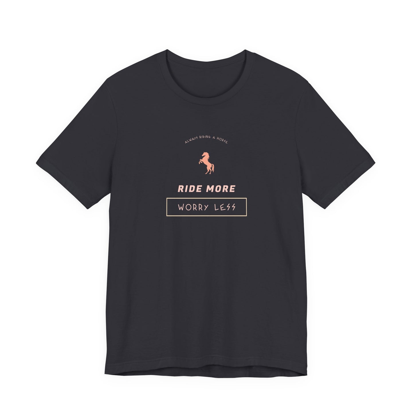Black t-shirt with horse graphic and text on a white background