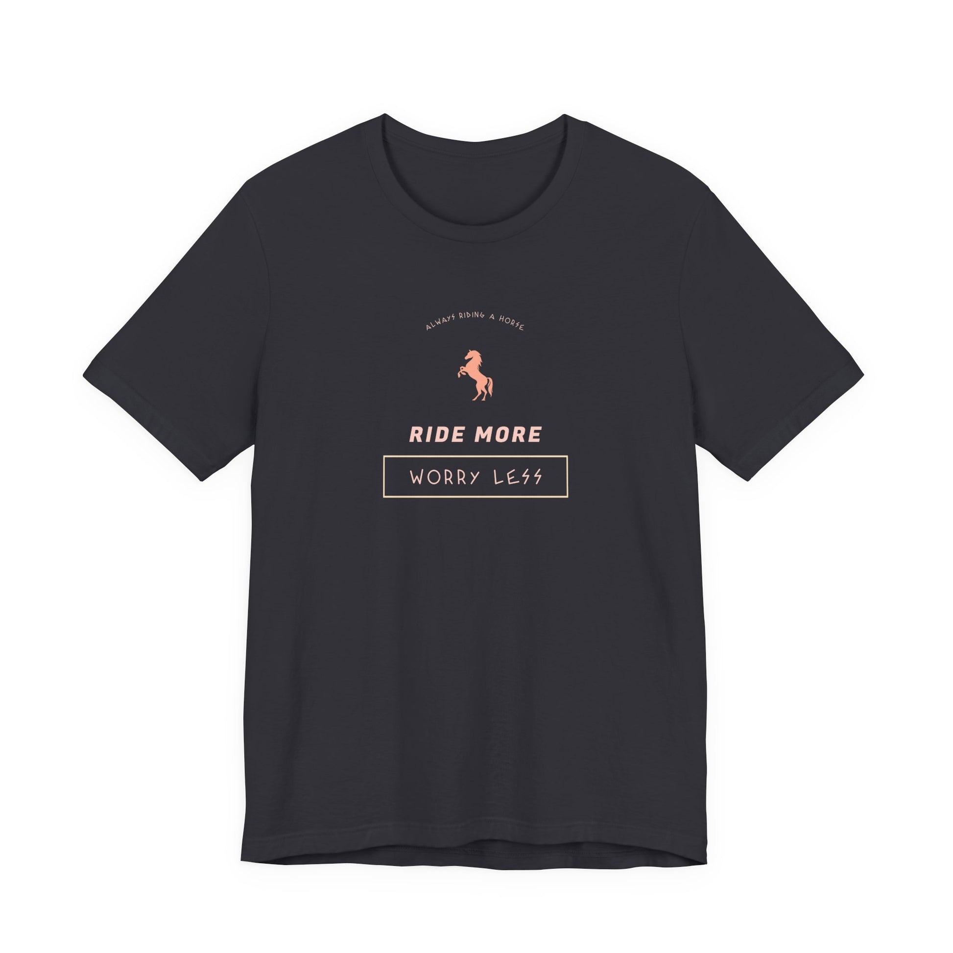 Black t-shirt with horse graphic and text on a white background