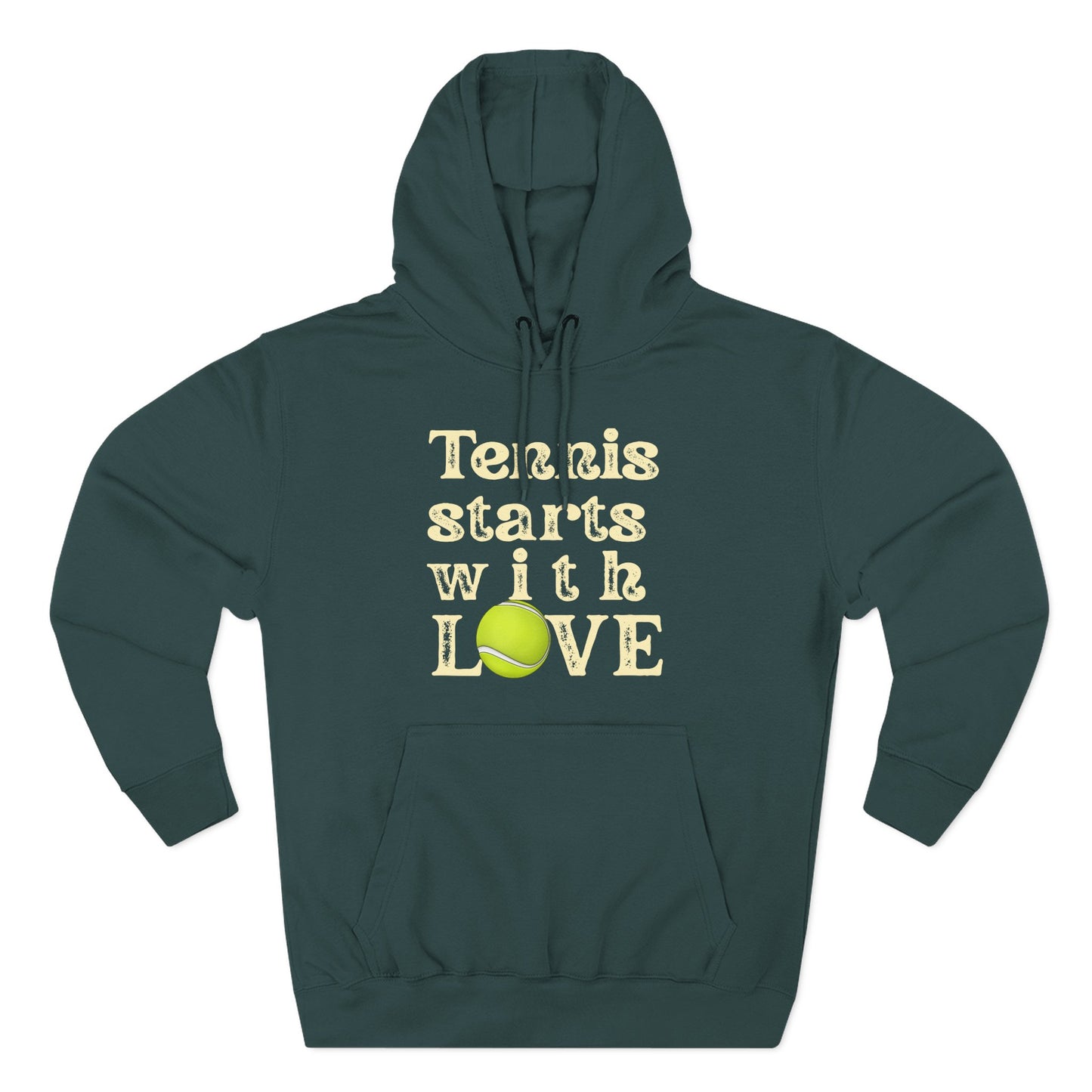Green hoodie with 'Tennis starts with LOVE' text and tennis ball graphic on a white background