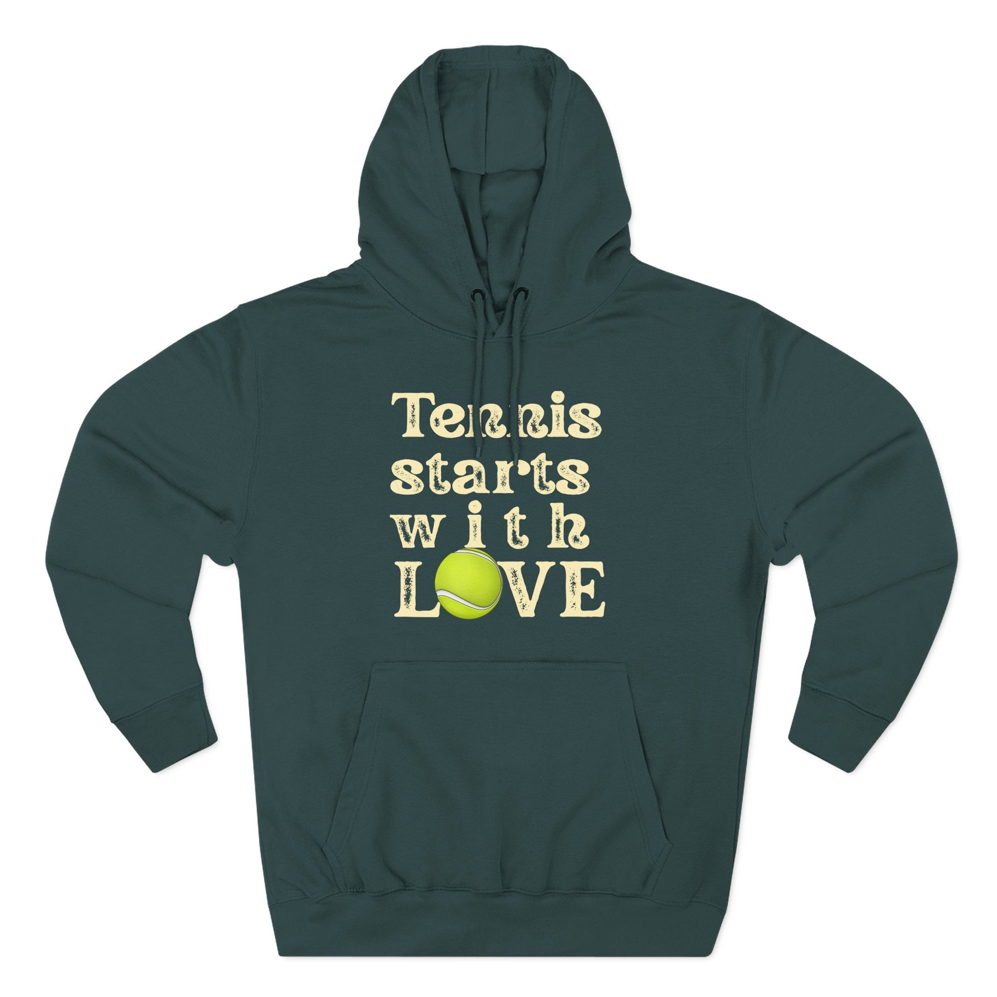 Green hoodie with 'Tennis starts with LOVE' text and tennis ball graphic on a white background