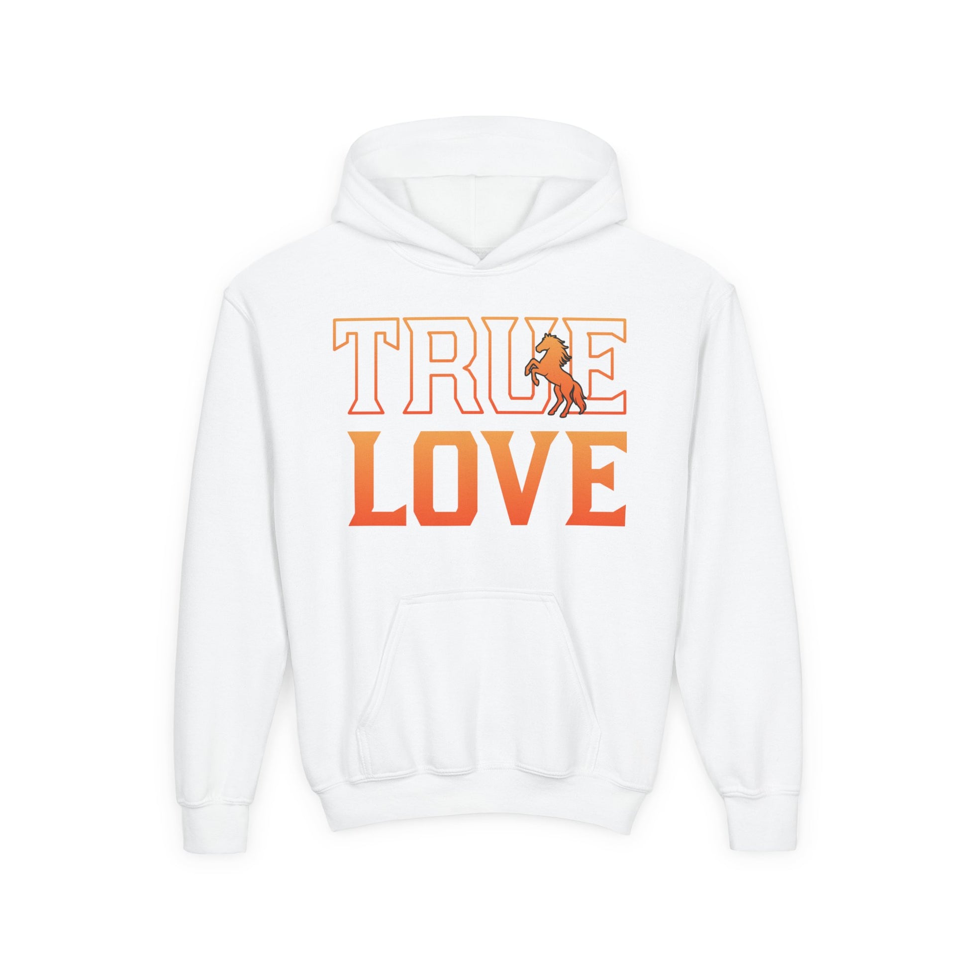 White hoodie with 'TRUE LOVE' text and graphic on a white background