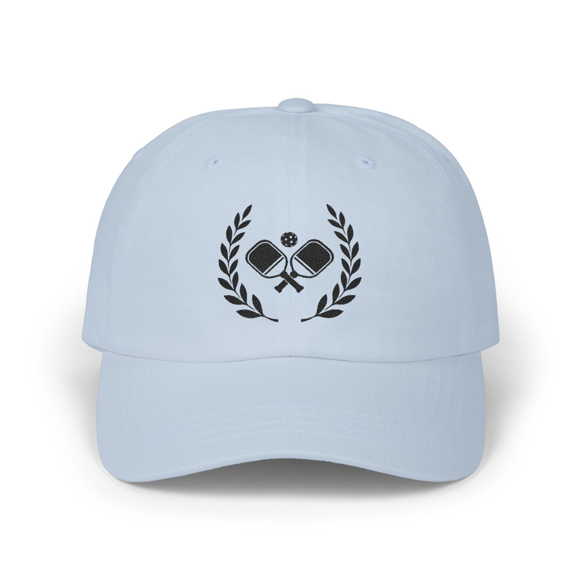 Pickleball  hats Light blue cap with a purple logo on a white background