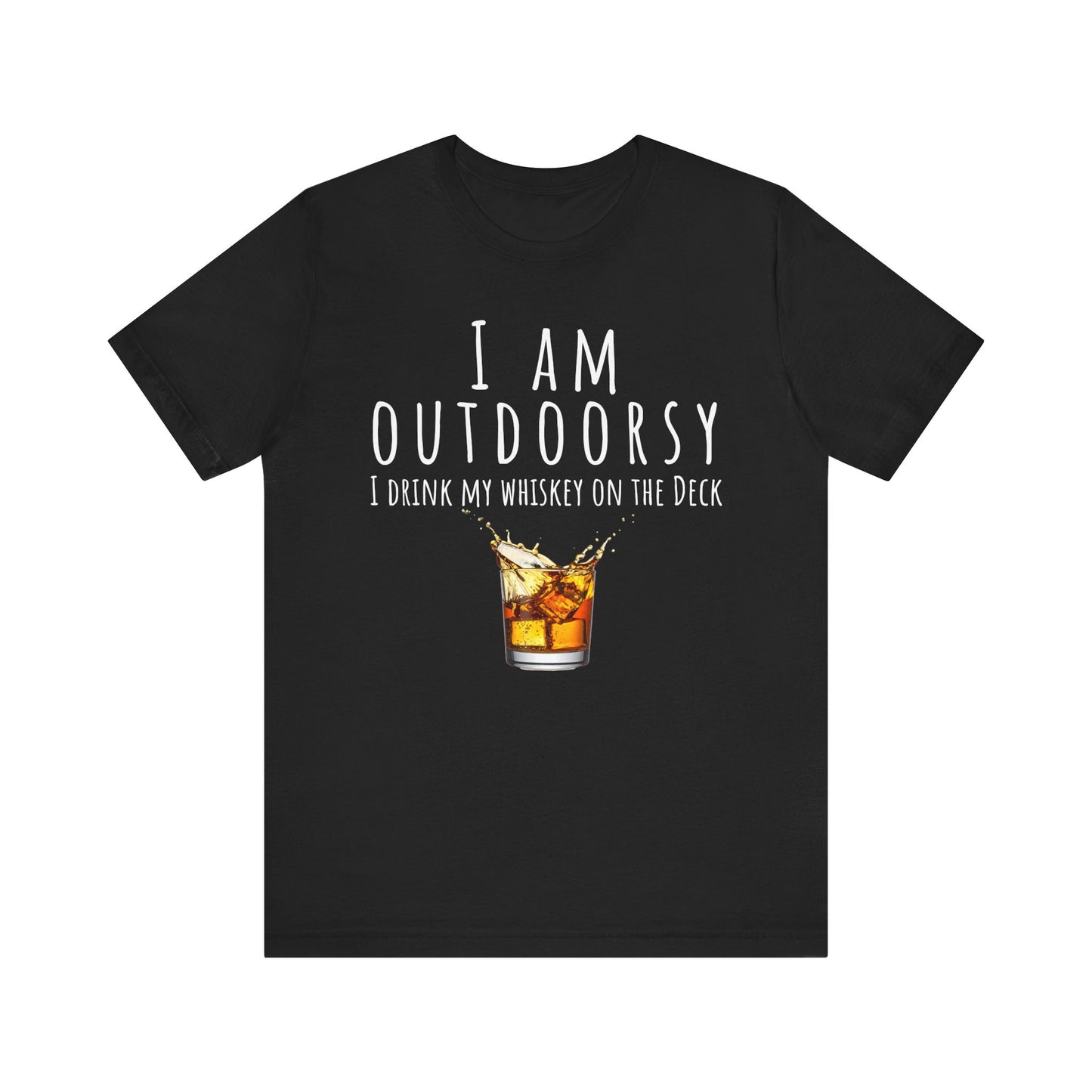 Black t-shirt with a graphic of whiskey being poured and text on a white background
