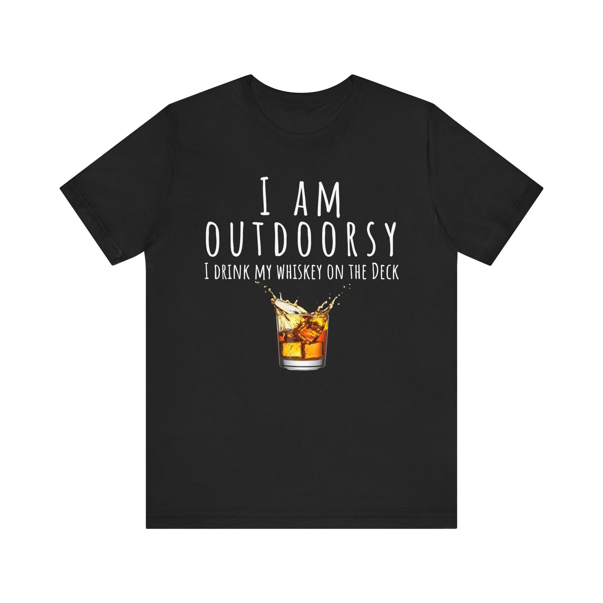Black t-shirt with a graphic of whiskey being poured and text on a white background