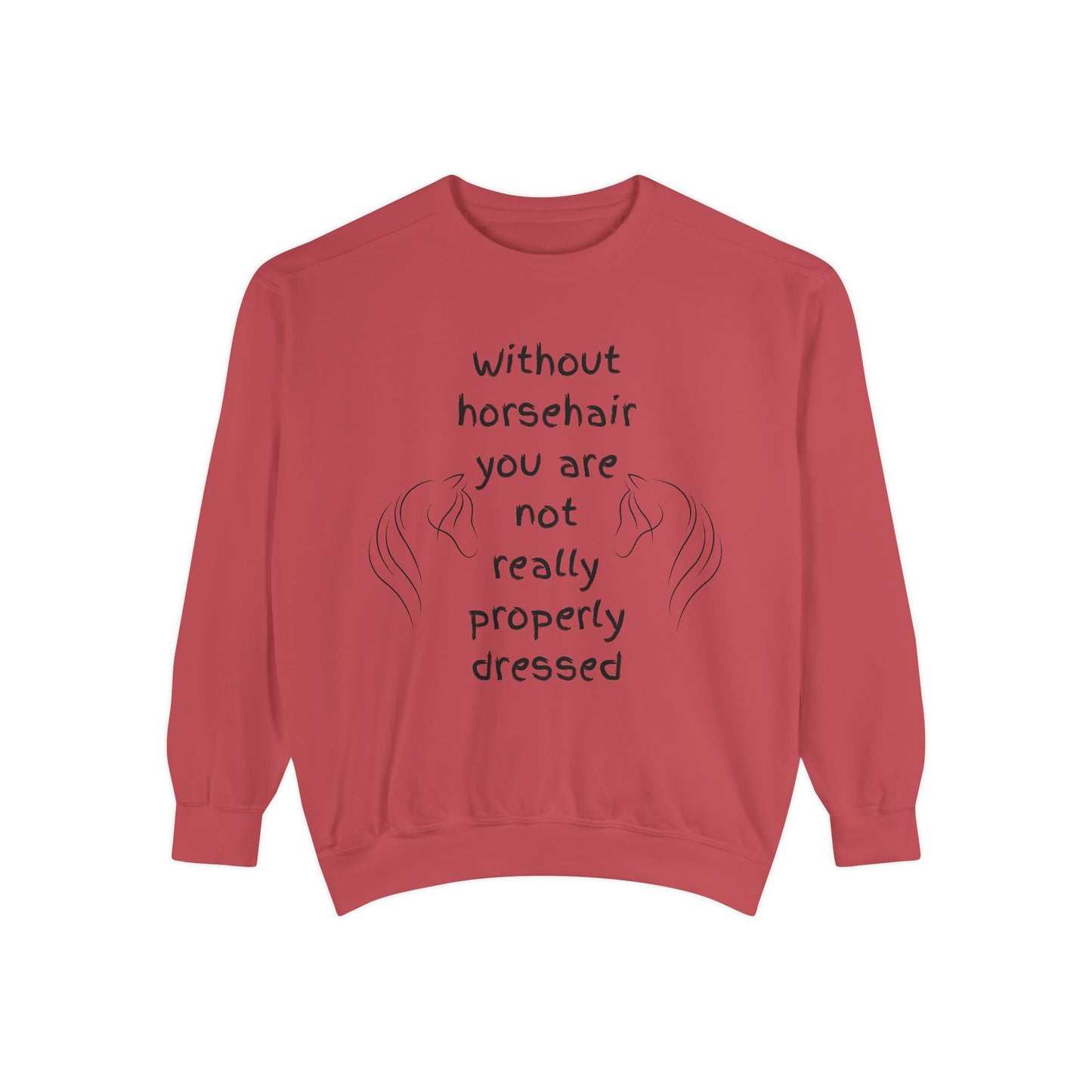 Red sweatshirt with text and horse illustrations on a white background