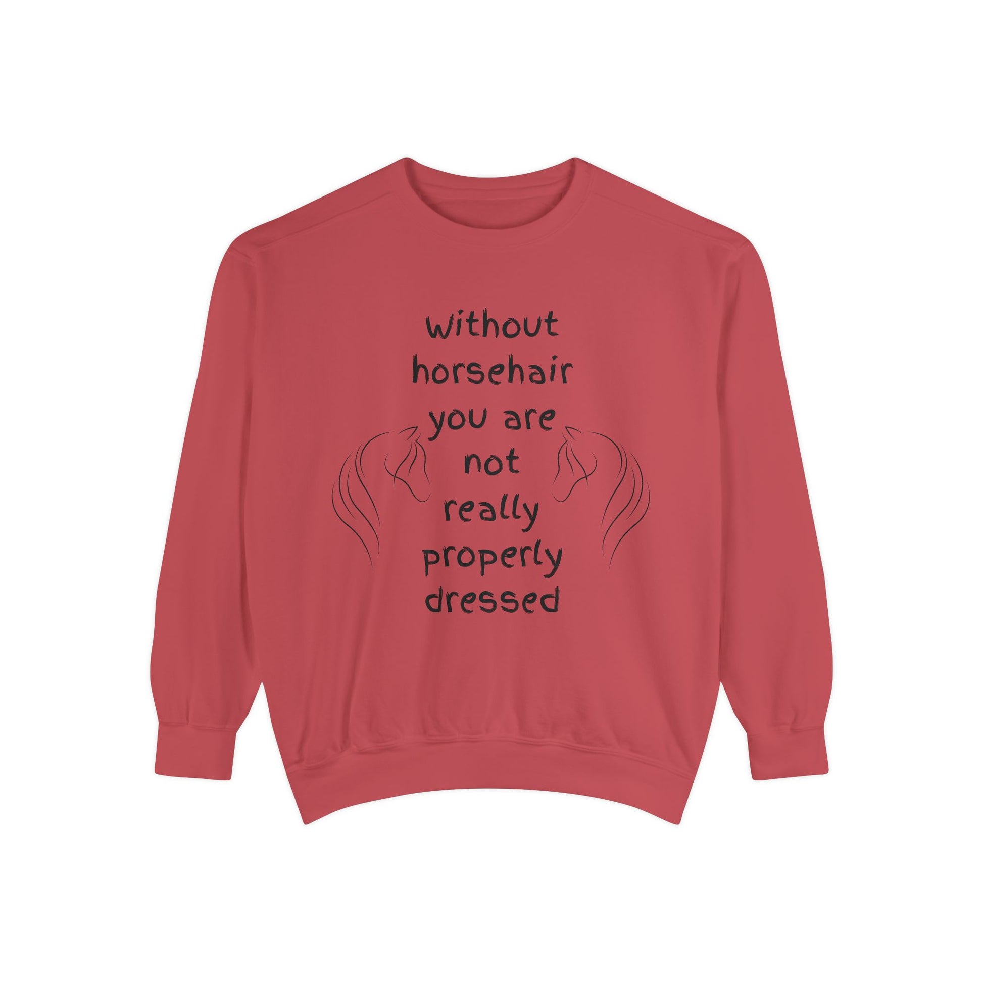 Red sweatshirt with text and horse illustrations on a white background