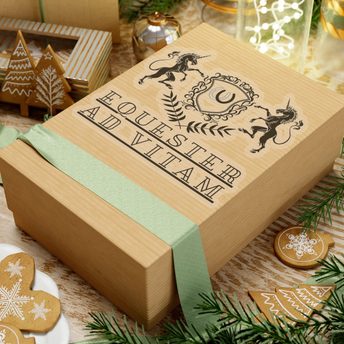 Wooden gift box with decorative ribbon and unicorn design on a festive background