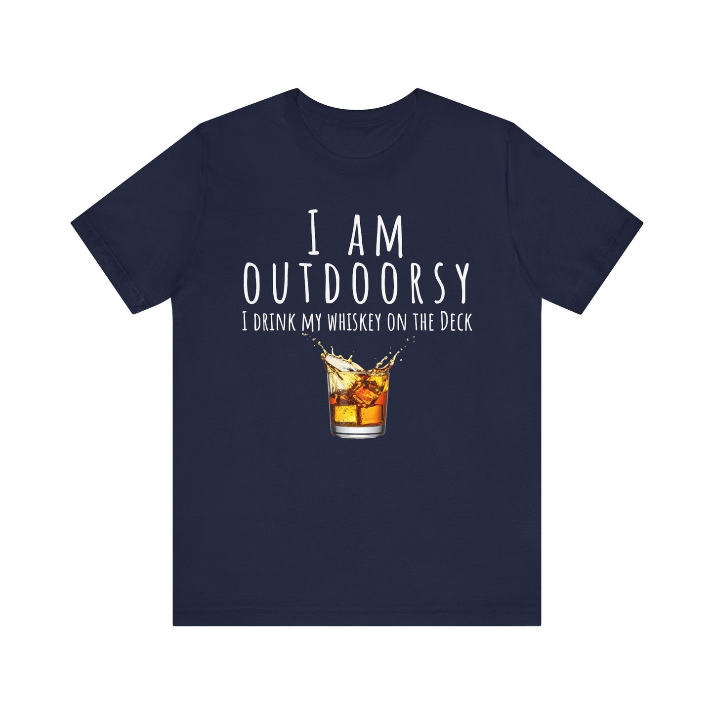 Navy blue t-shirt with whiskey graphic and text on a white background
