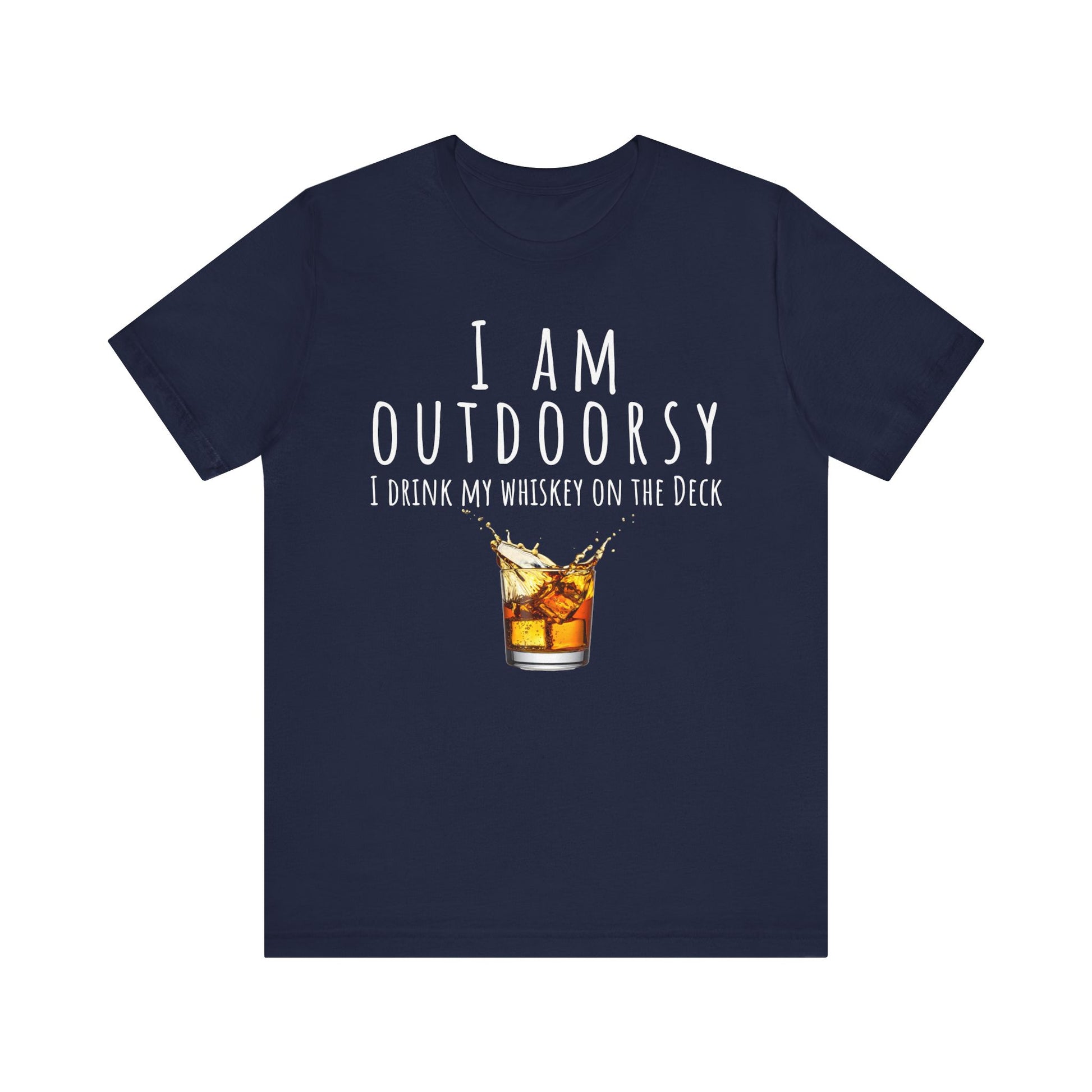 Navy blue t-shirt with whiskey graphic and text on a white background