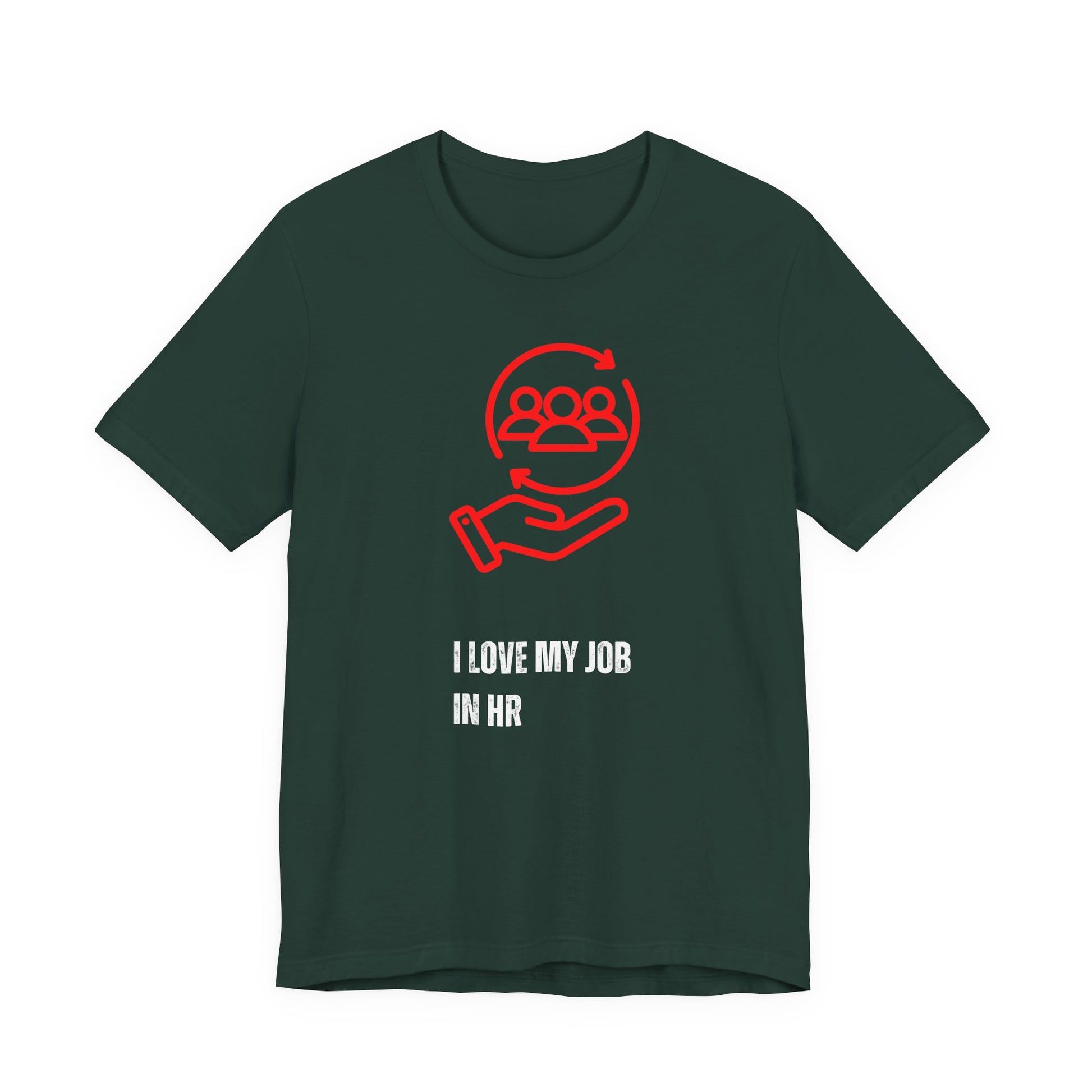 Black t-shirt with red and white graphic and text on a white background I love my Job T-Shirt