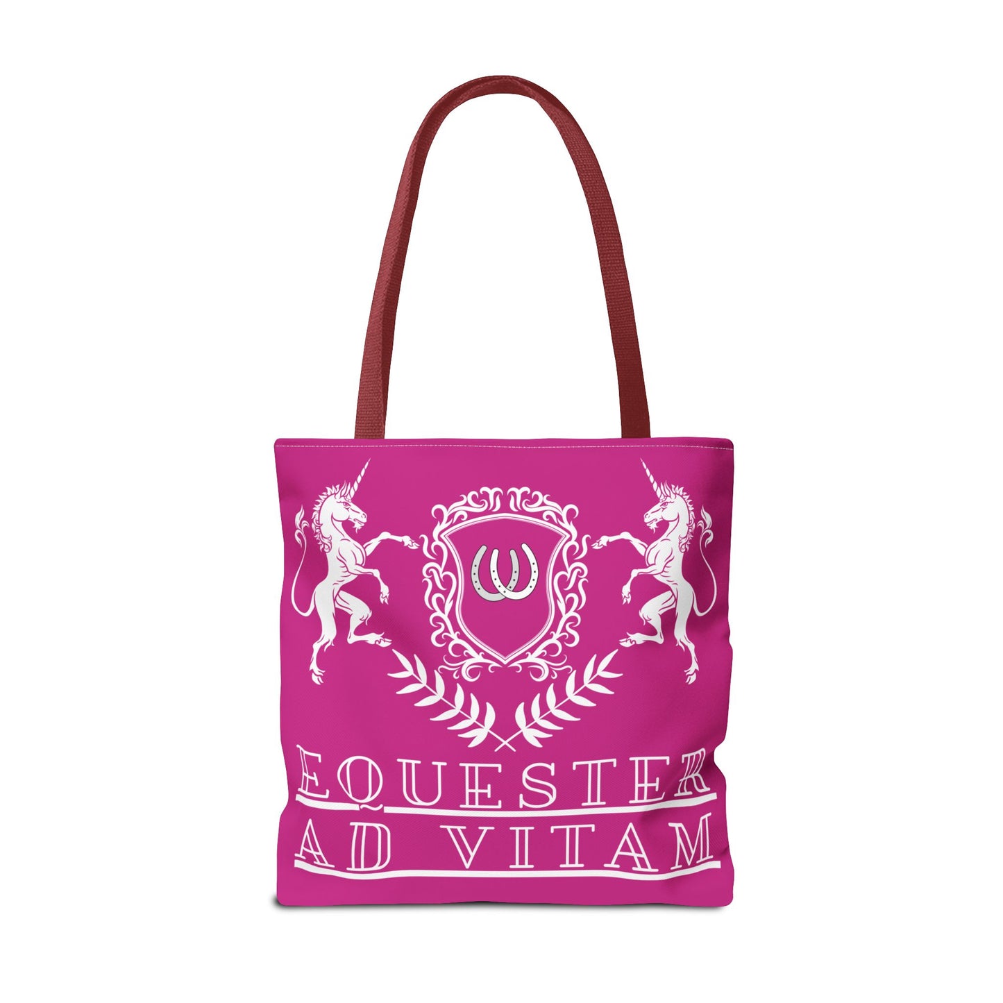 Pink tote bag with unicorn design and text on a white background