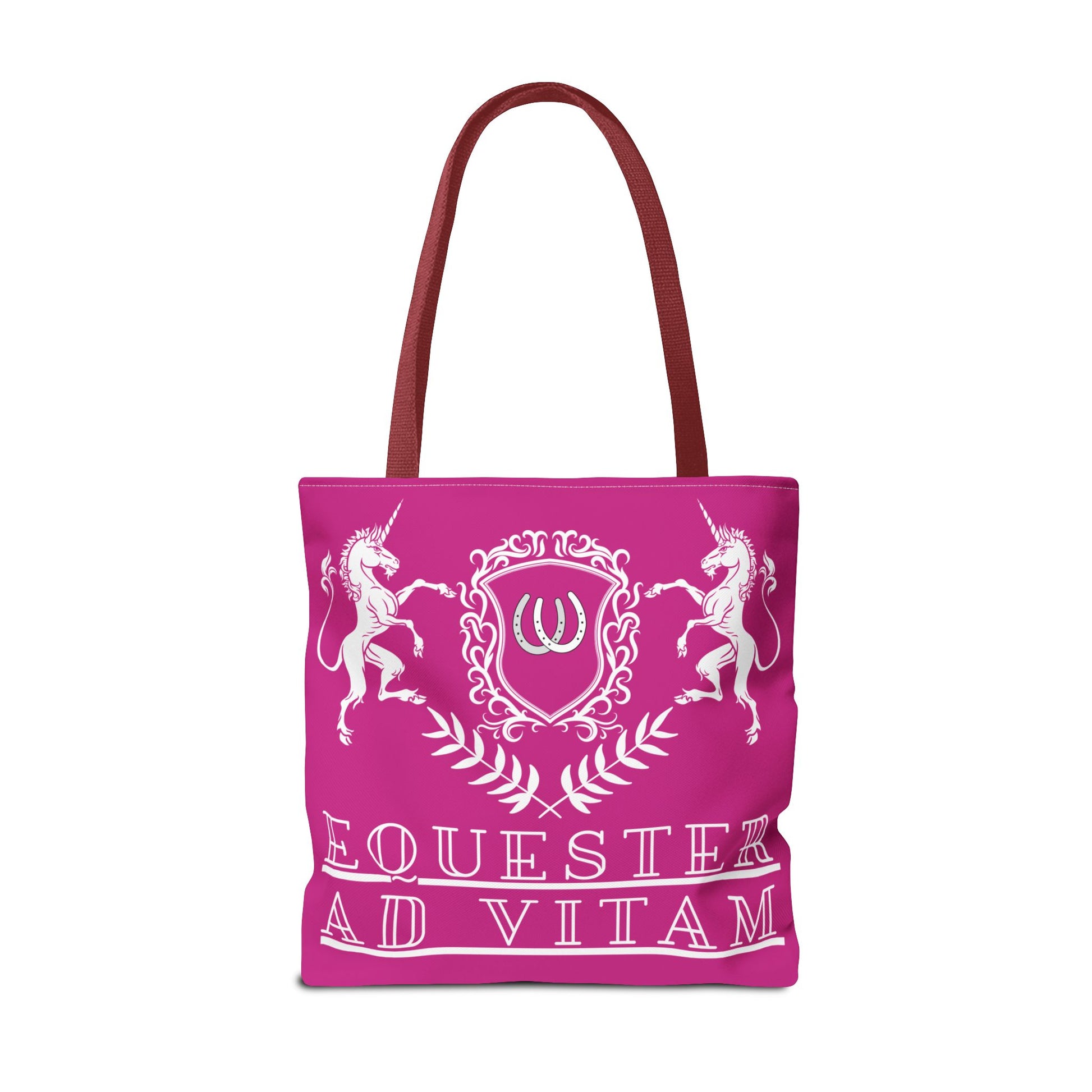 Pink tote bag with unicorn design and text on a white background