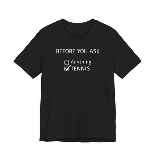 Funny Tennis T-Shirt Black t-shirt with 'coffee + prayer OUTCOME PENDING' text on a white background